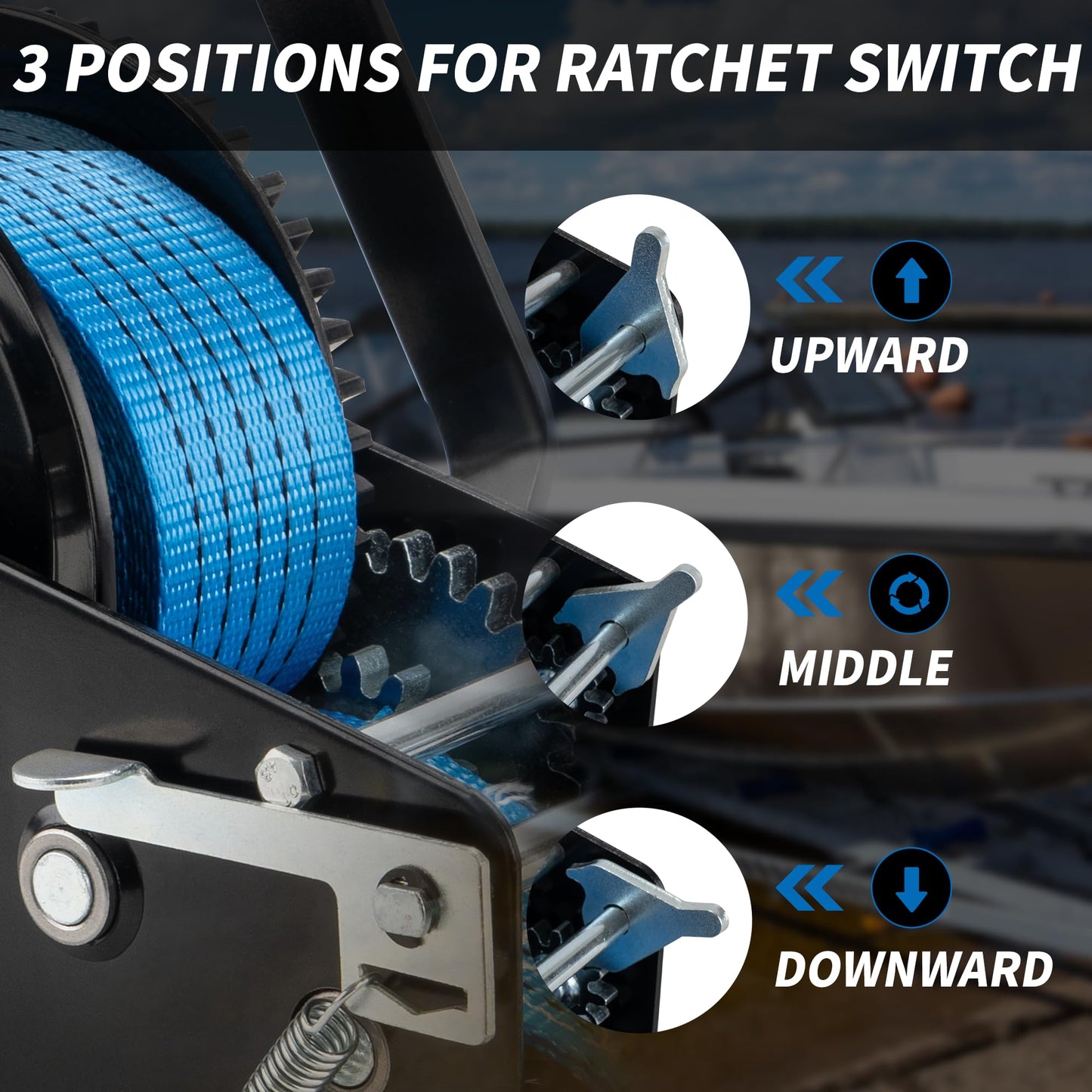 AC-DK 3500lbs Heavy Duty Boat Trailer Winch with 32FT Strap,2-Way Ratchet 4:1/8:1 Gear Trailer Winch,Portable Hand Crank Winch for Boat, Truck, Trailer, RV, ATV, Jet Ski