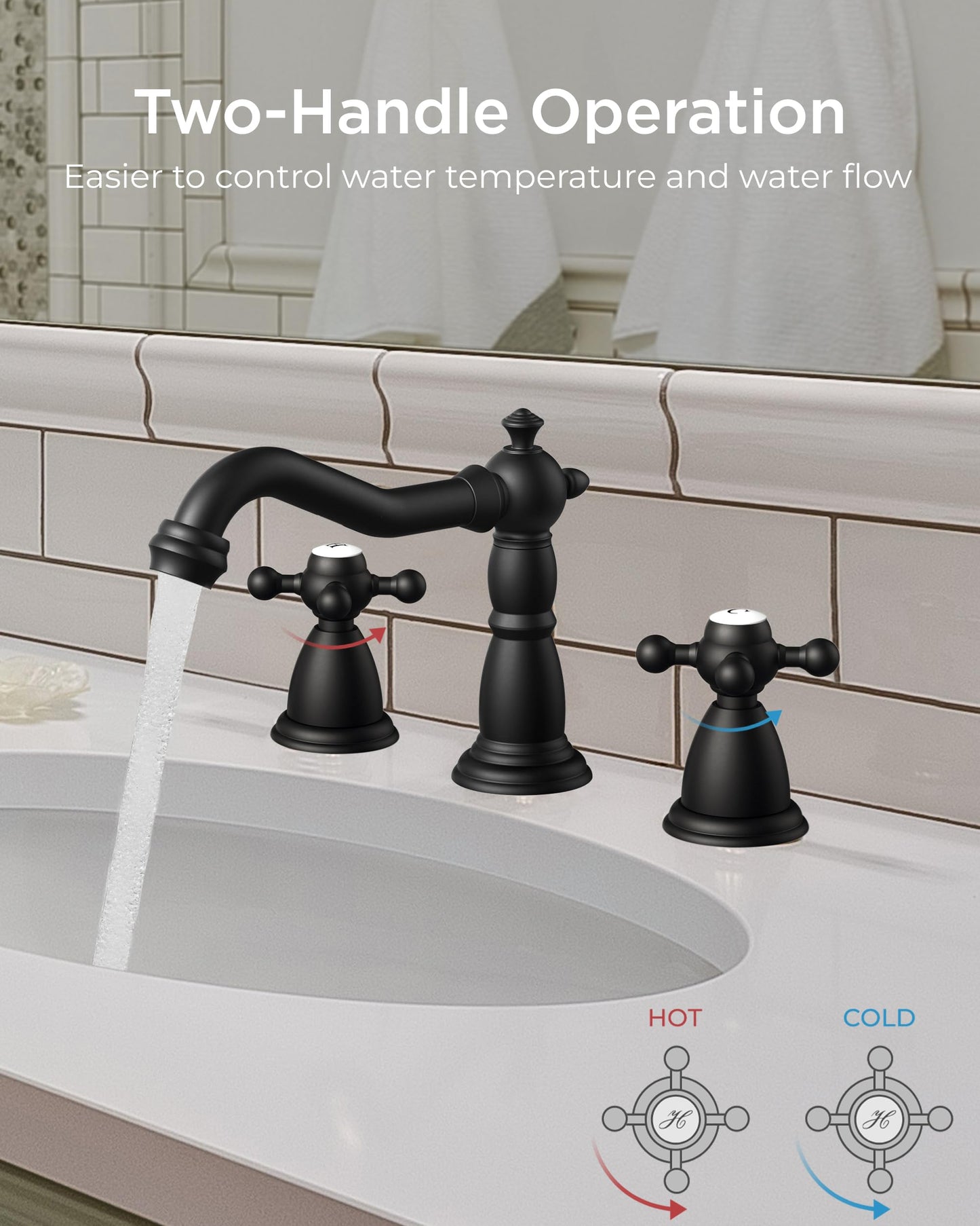 FORIOUS Matte Black 3 Hole Brass Vintage Farmhouse Bathroom Faucet, 8 Inch Widespread Bathroom Faucets 2 Cross Handles with Metal Pop Up Drain and Supply Hoses, for RV Vanity