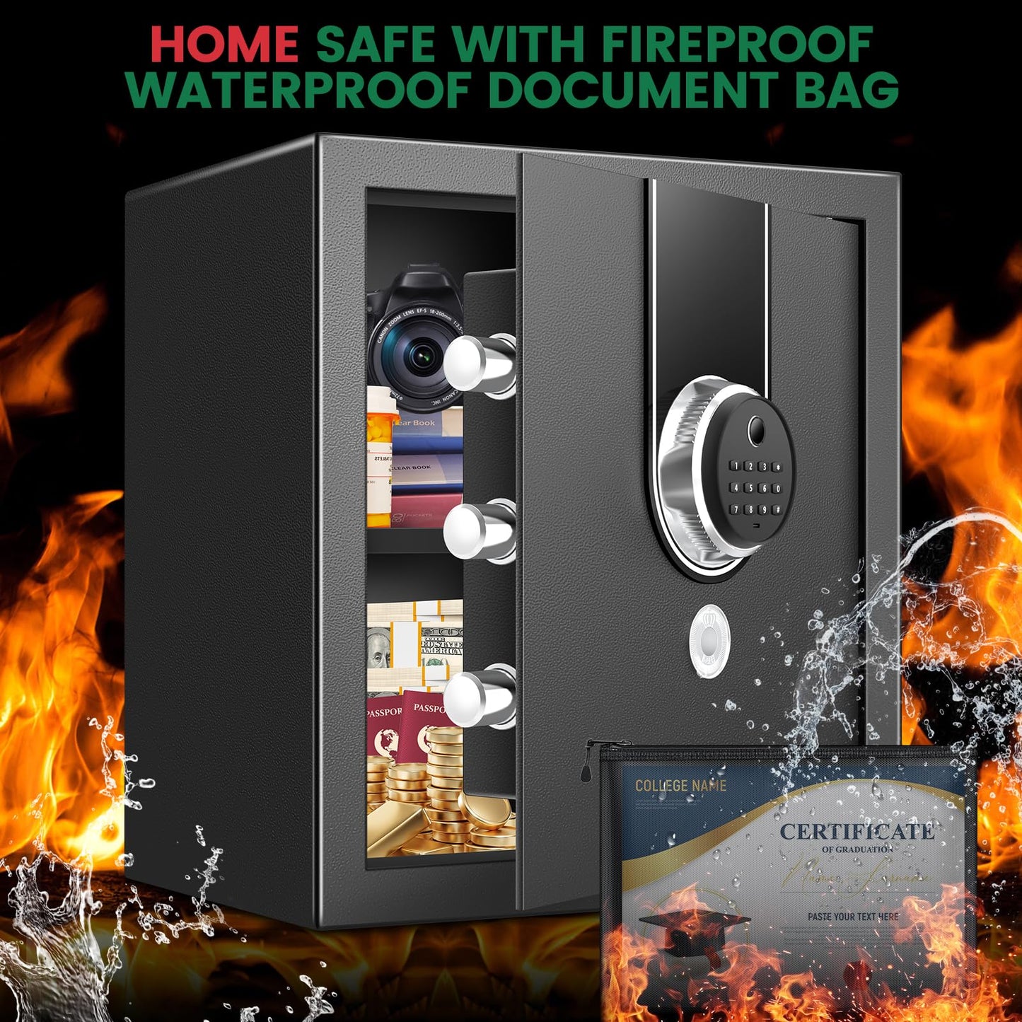 2.0 Cuft Biometric Safe Box, Fireproof Safe for Home with Digital Keypad and Spare Keys, Safety Box for Money, Documents, and other Valuables