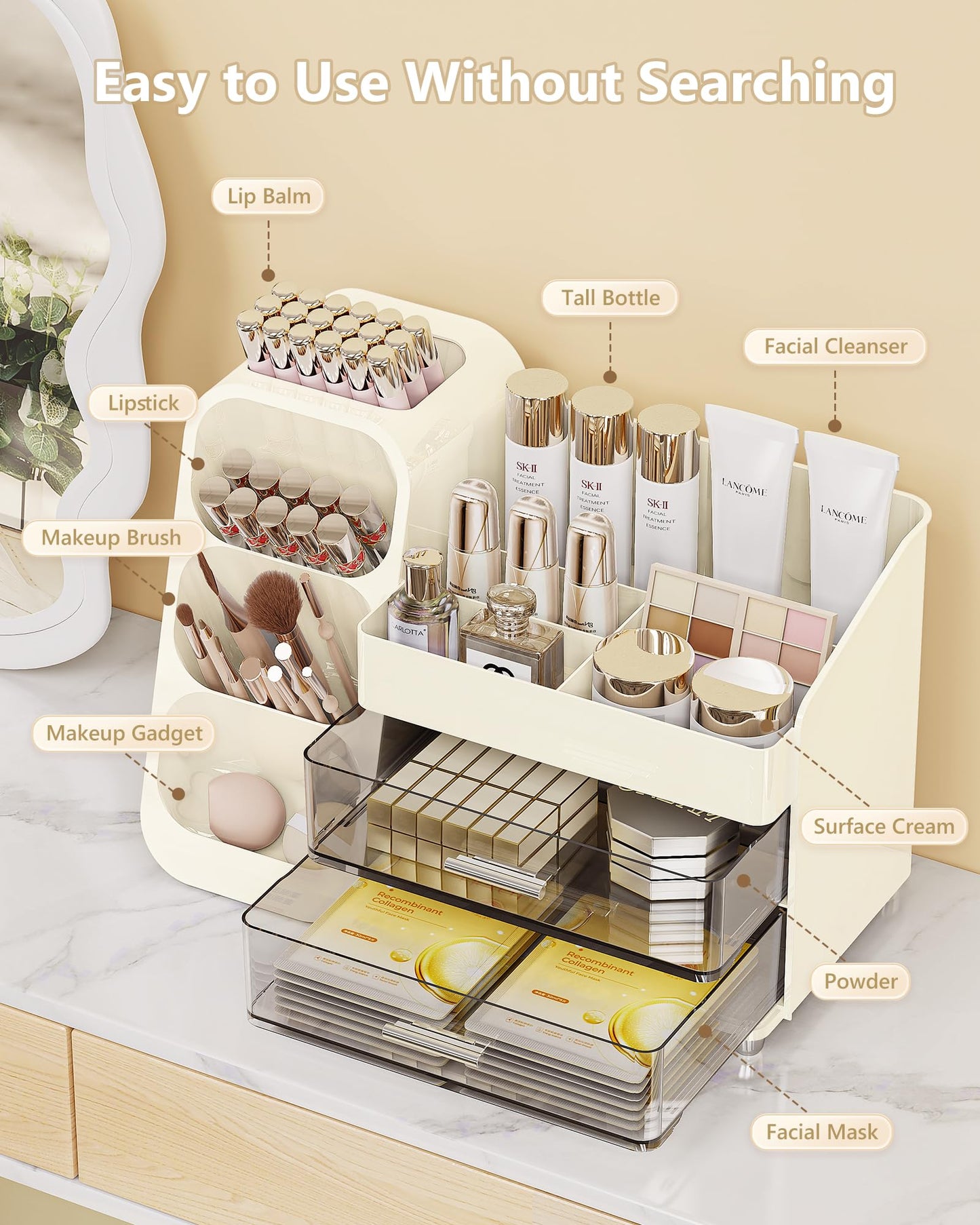 Anylady Makeup Organizer with Drawers, Skincare Organizer (Large Size Thick), Storage Box Cosmetic Display Cases, Make up Organizers for Vanity, Dresser, Desk, Kitchen, Countertop (cream)