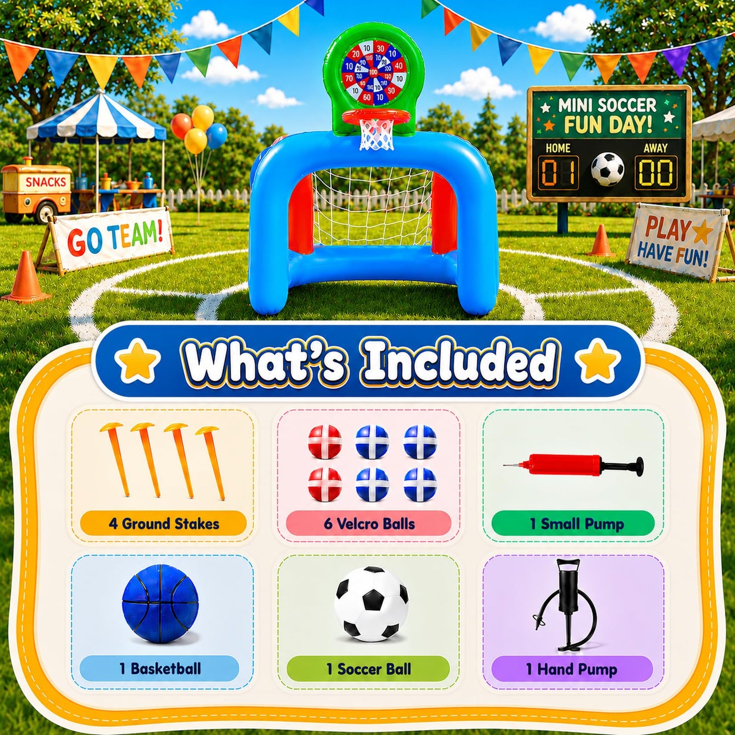 NIBBaNACAL Inflatable Toddler Sports Center – Basketball Hoop & Soccer Goal, 3-in-1 with Sticky Ball Target, Soft & Safe Indoor/Outdoor Set, Ages 2–6