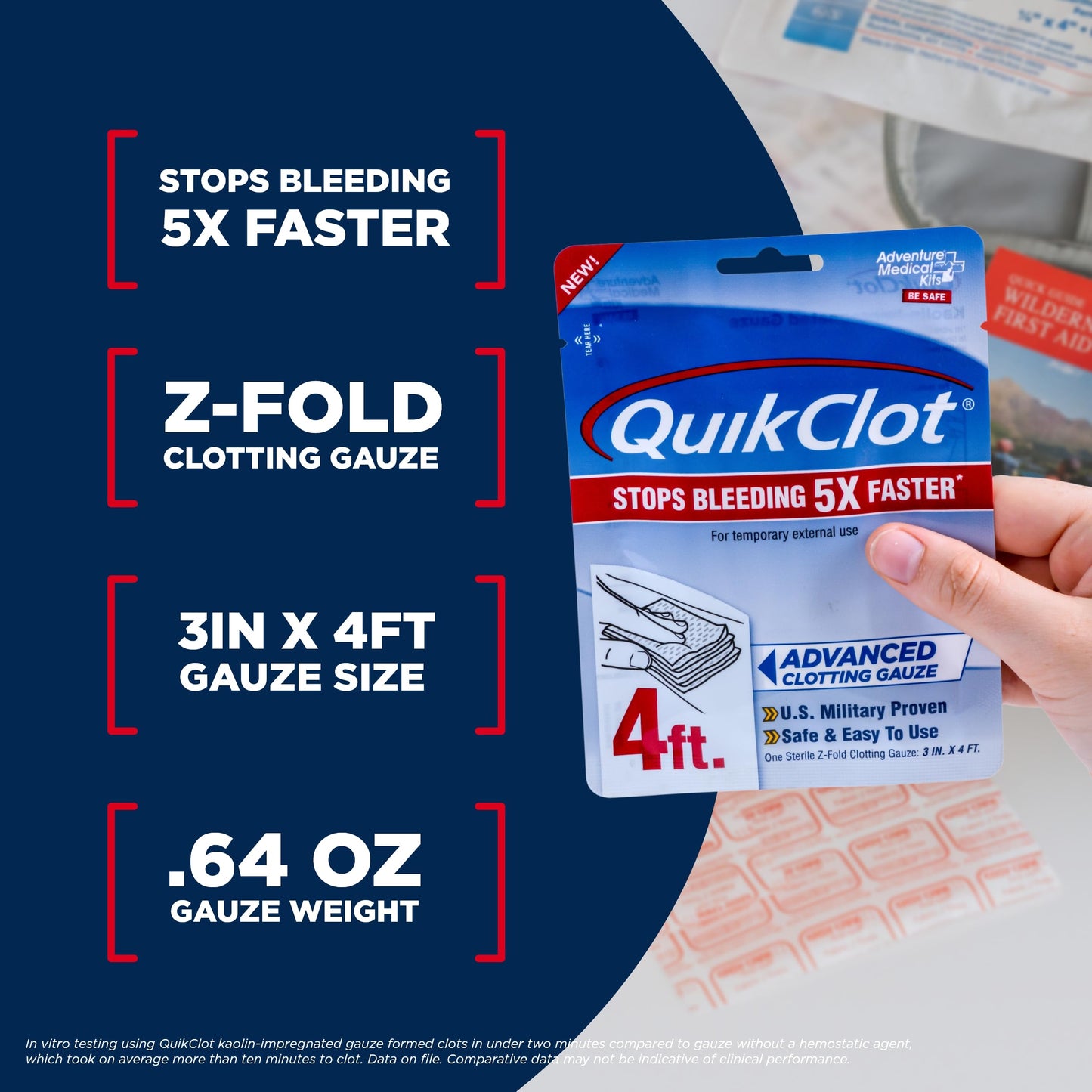 Adventure Medical Kits QuikClot Gauze - Gauze for Emergency Survival Kit, Doomsday Prepping Supplies & More - Stops Bleeding Fast with Kaolin - Flexible Hemostatic Medical Gauze - 3" x 48"