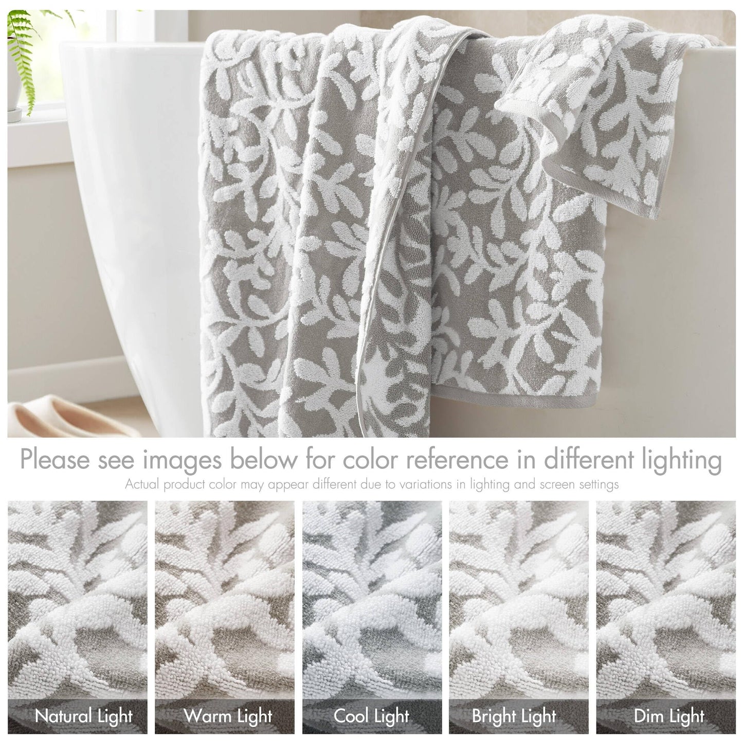 Madison Park Floral Decorative Towel Set of 6, Zero Twist Cotton Bath Towel Set with Botanical Leaf Pattern, Soft Absorbent Quick Dry Bathroom Towels, Bath Hand Washcloth Set, Grey