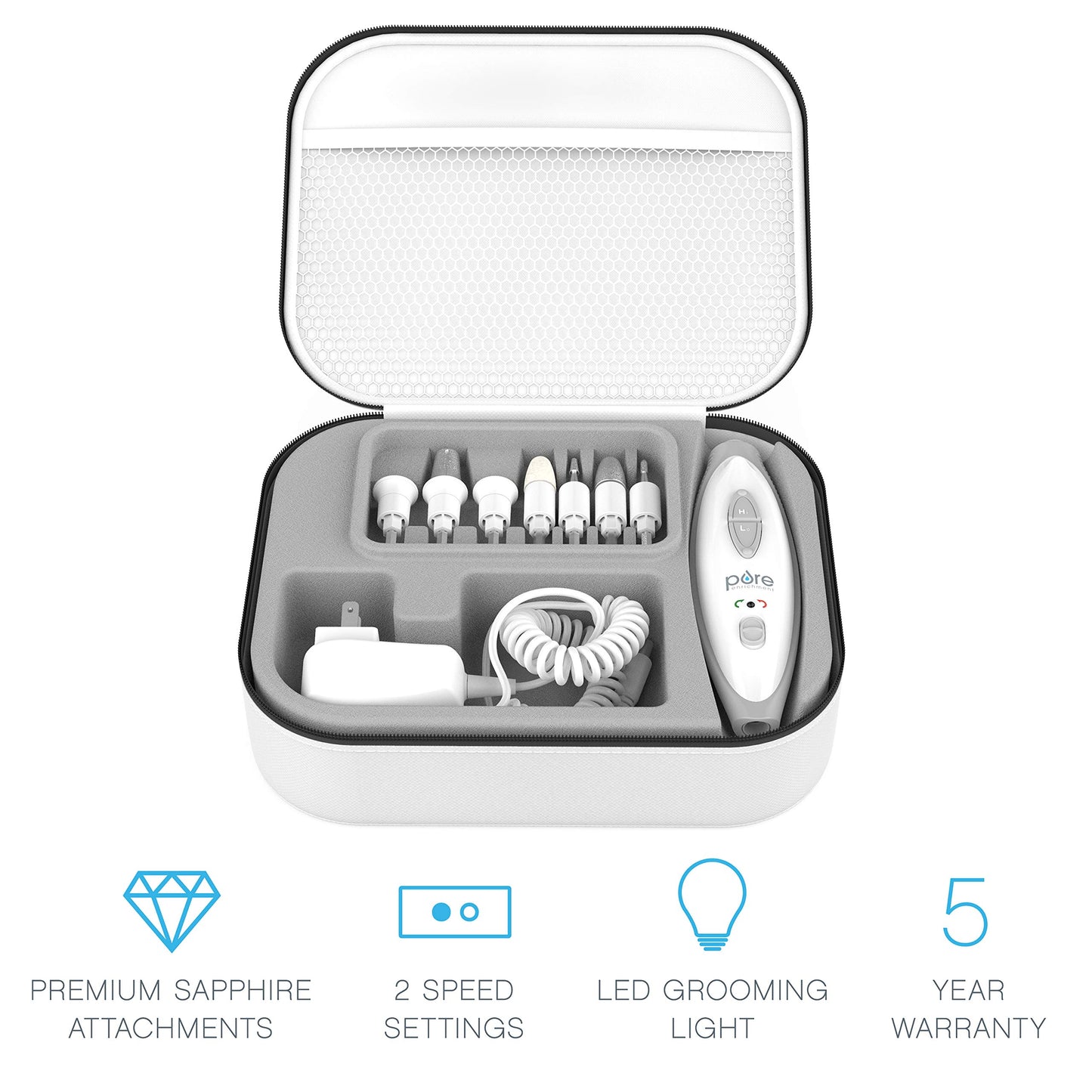 Pure Enrichment PureNails 10-Piece Professional Manicure and Pedicure Kit - Electric Nail Drill Set for Salon-Quality Grooming at Home - 7 Nail Drill Bits, 2 Speeds, LED Grooming Light and Storage Bag