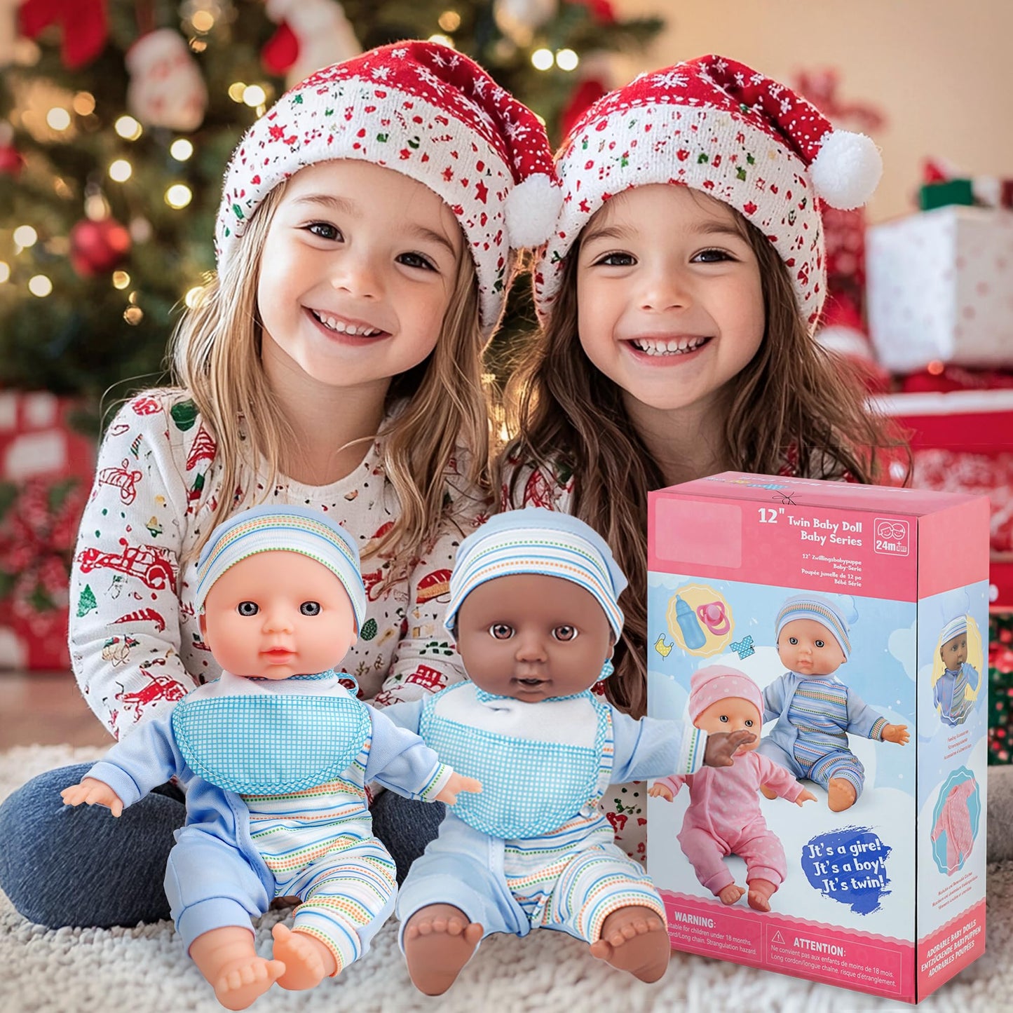 Toy Choi's Twin Baby Dolls - 30cm Two Soft Body Black and White Doll with Accessoires, Dolls Play Set for 2 3 4 5 Year Old Boys and Girls Gift | Blue Outfit Doll Set