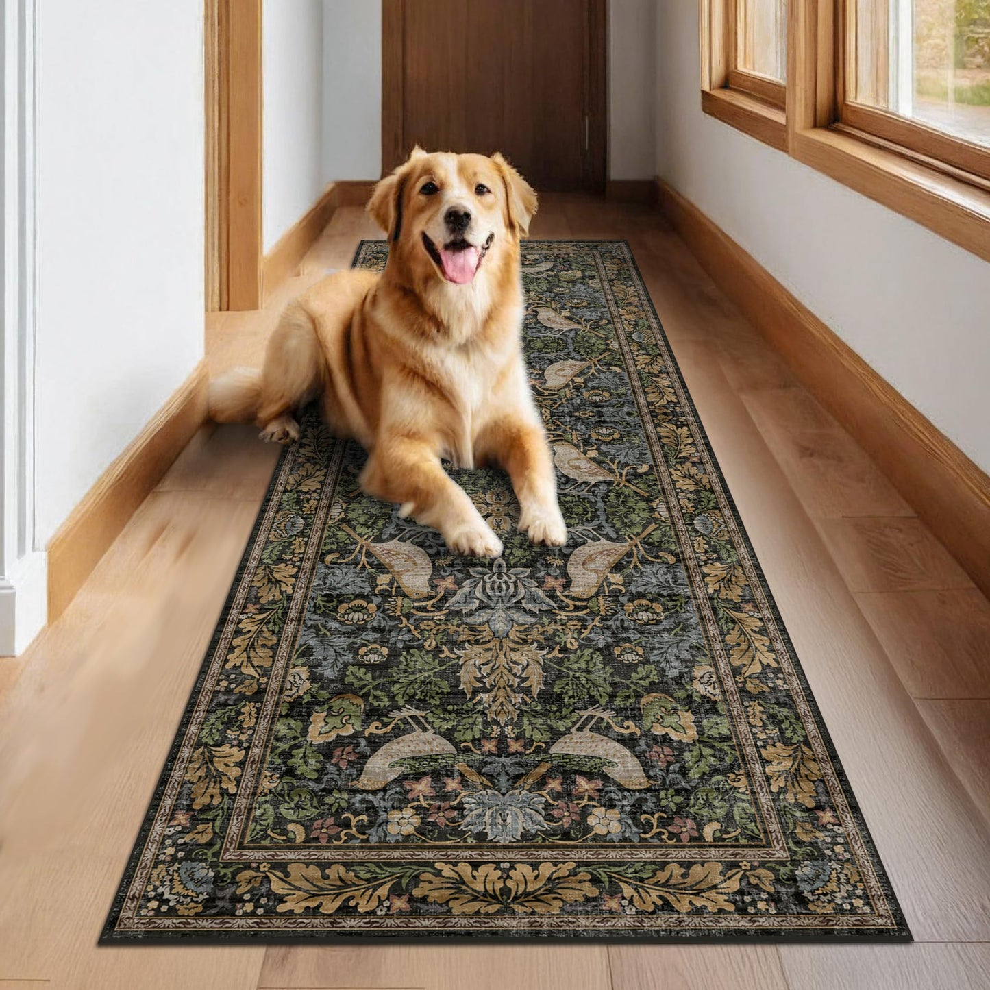 Vintage Runner Rugs for Hallways - 2'6"x8' Wide Kitchen Runners, Entryway Rug, with Flowers and Leaves, Washable Non Slip Low Pile