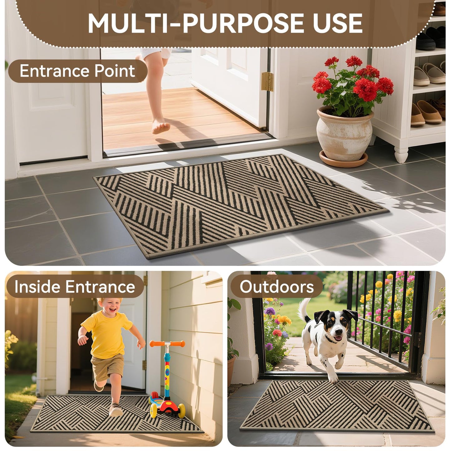 QiCaiJia Door Mat Indoor Outside Entrance 24"x35", Low-Profile Non Slip Outdoor Inside Doormat Entryway Mat, Dirt Resistant Absorbent Front Porch Welcome Entry Mats, Washable Easy Clean, Brown