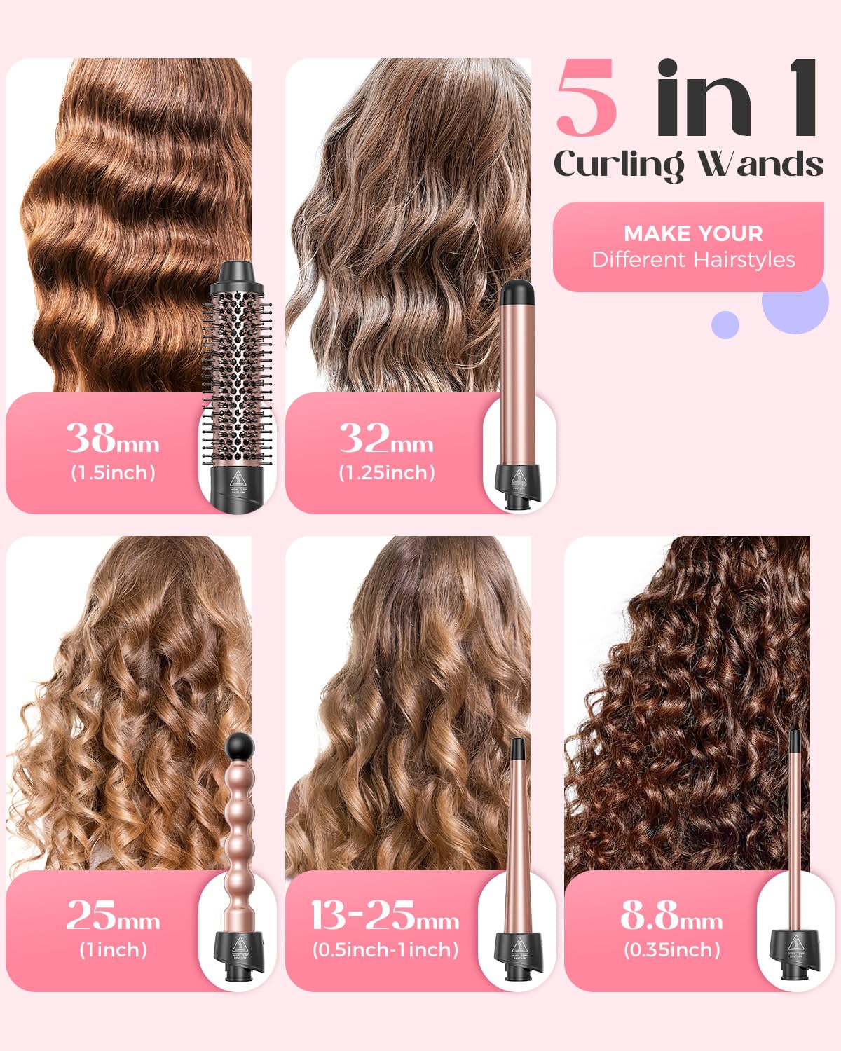 5 in 1 Curling Wand Set, Lopeie Curling Iron with New Upgraded Curling Brush and 4 Interchangeable Ceramic Curling Wand(0.5”-1.25”), Fast Heating, Include Heat Protective Glove & 2 Clips & Hair Brush