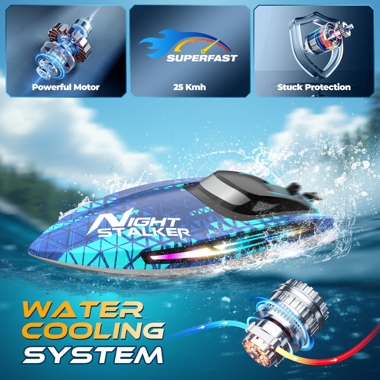 ARMEW RC Remote Control Boat with 7LED Light Modes for Adults Kids 8-12 Pool Lakes, Waterproof 25KMH Electric Fast Boat with Self-righting,Demo, Low Battery/Over Distance/Signal Interference Alarm