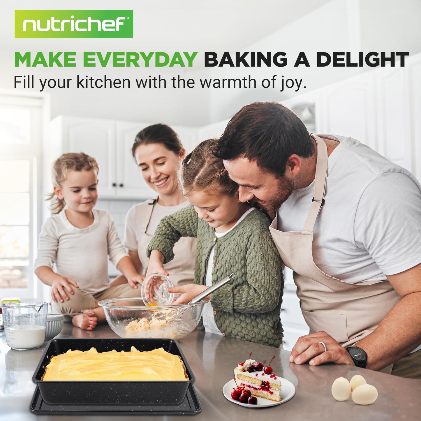 NutriChef 8-Piece Stackable Bakeware Set - Carbon Steel Non-Stick Baking Pan Set, Sheet, Muffin, Round, Loaf, Square Cake & Deep Pans, 450°F Heat Resistant, Standard & Convection Ovens (Black Marble)