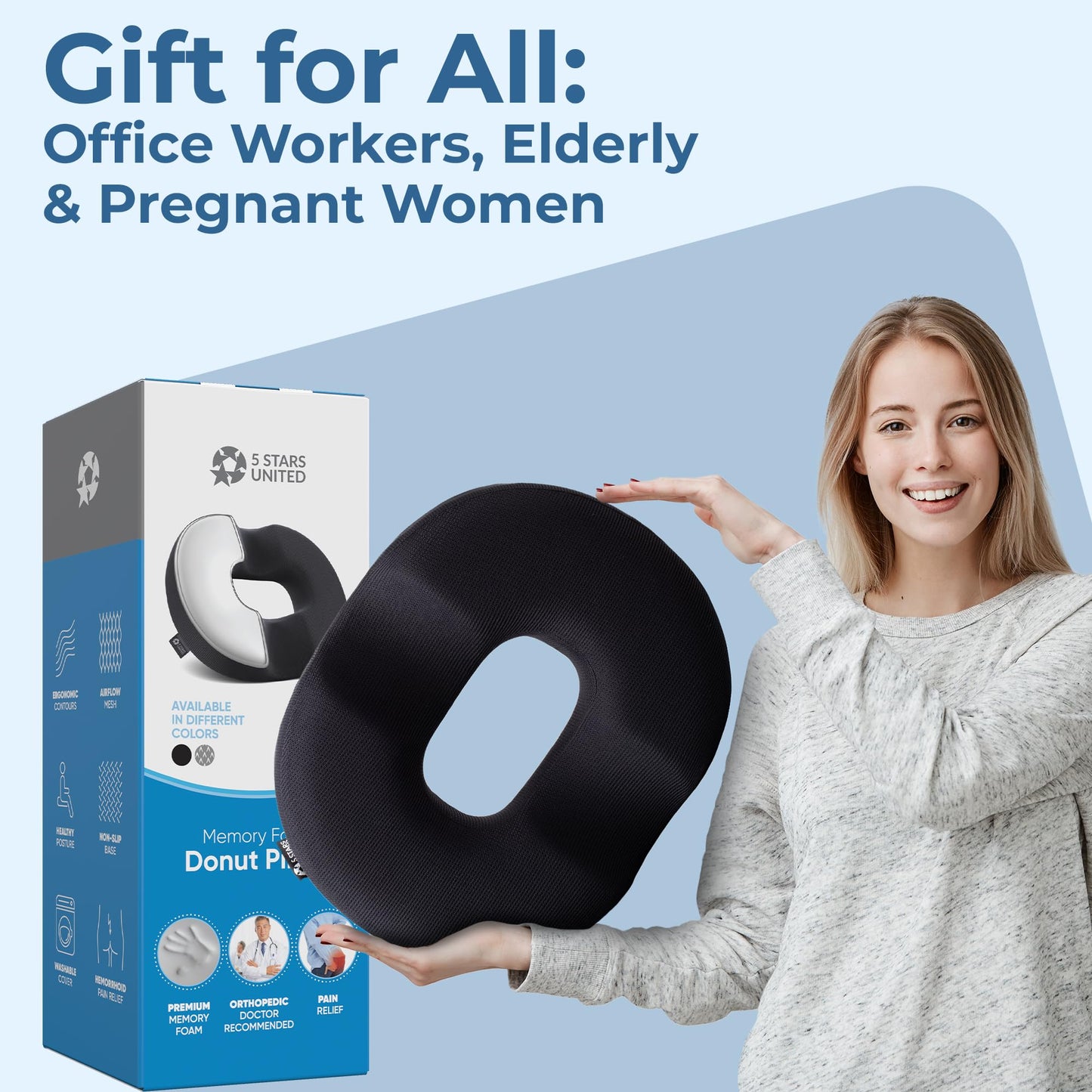 5 STARS UNITED Donut Pillow Hemorrhoid Tailbone Cushion ā Large Cushion for Pain Relief ā Coccyx, Prostate, Sciatica, Pelvic Floor, Pressure Sores, Pregnancy, Postpartum Recovery, Black
