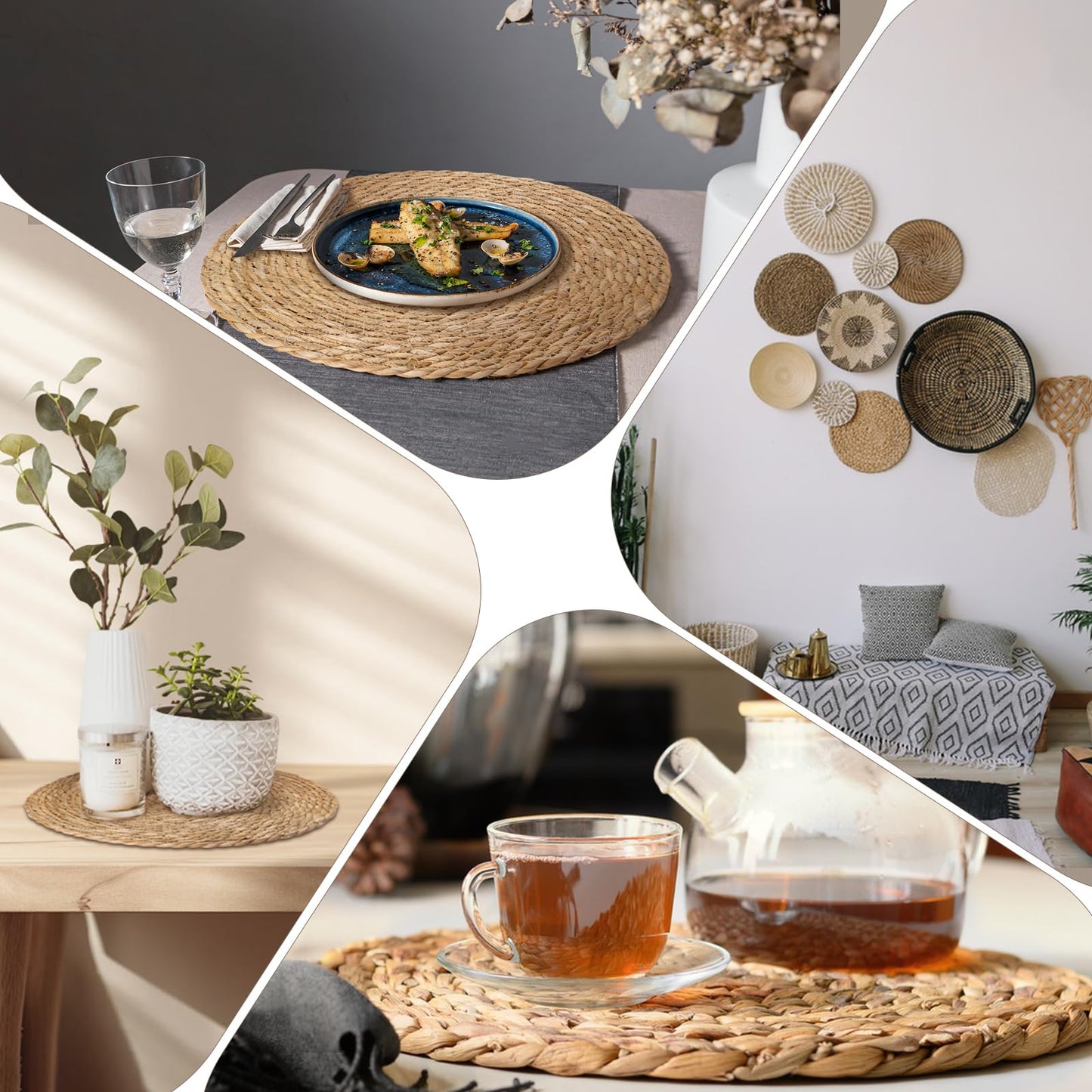 Hardcometrue Boho Woven Placemats Set of 10 with Wooden Napkin Rings, Round Charger Plates, Natural Ranttan Dinner Place Mats for Dining Table Decor - 13.8 inch