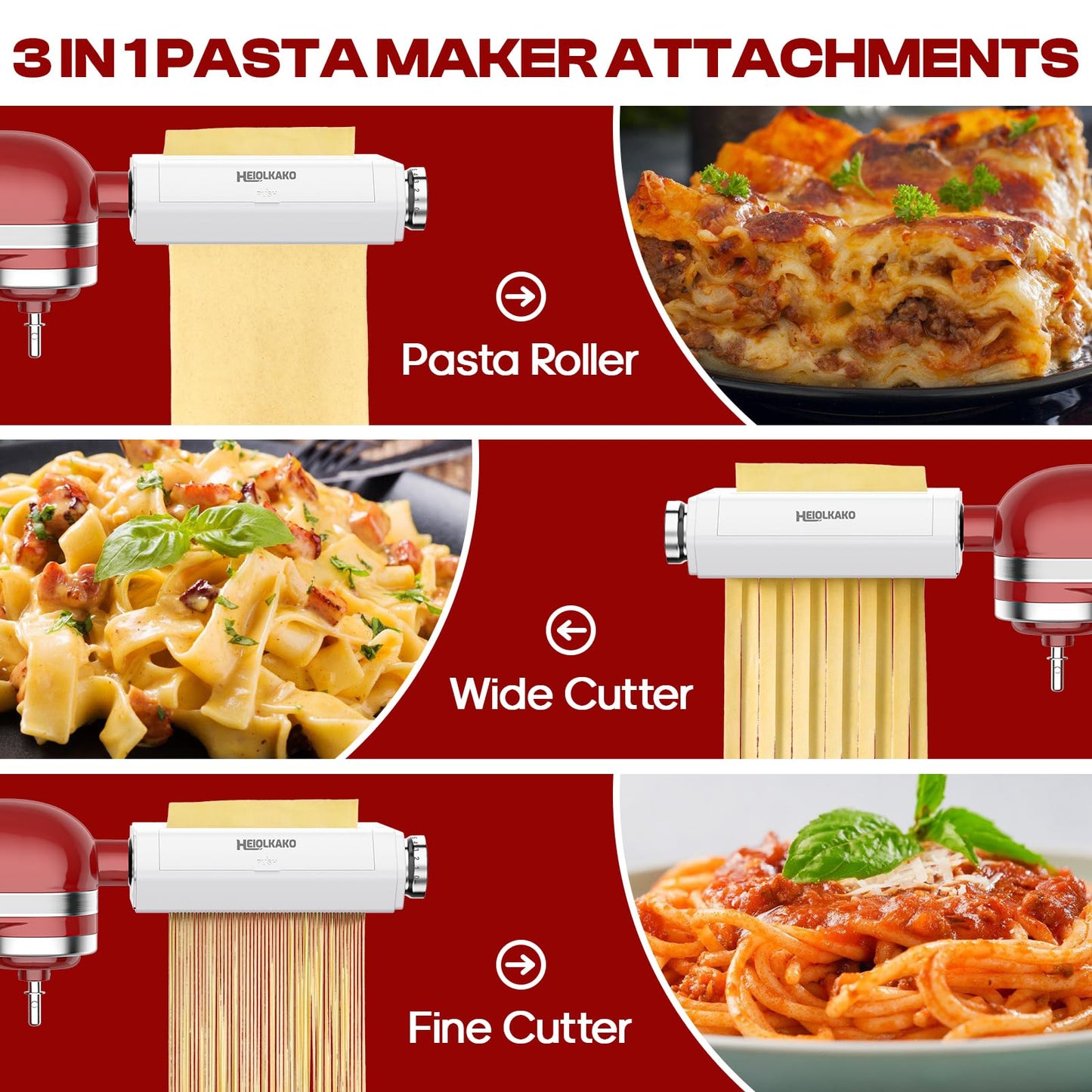 Pasta Attachment for KitchenAid Stand Mixer, 3 in 1 Set Pasta Maker KitchenAid Attachment Includes Spaghetti Cutter, Pasta Sheet Roller and Fettuccine Cutter, Attachment for Kitchenaid Mixers