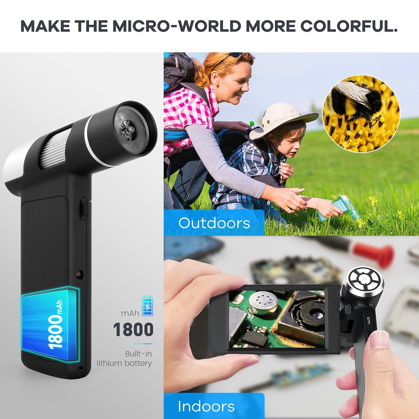 Andonstar AD203 Handheld Digital Microscope, Portable Pocket USB Coin Microscope with 4 inch Screen for Kids and Adults, Black, Electronic FHD Video, Windows Mac PC