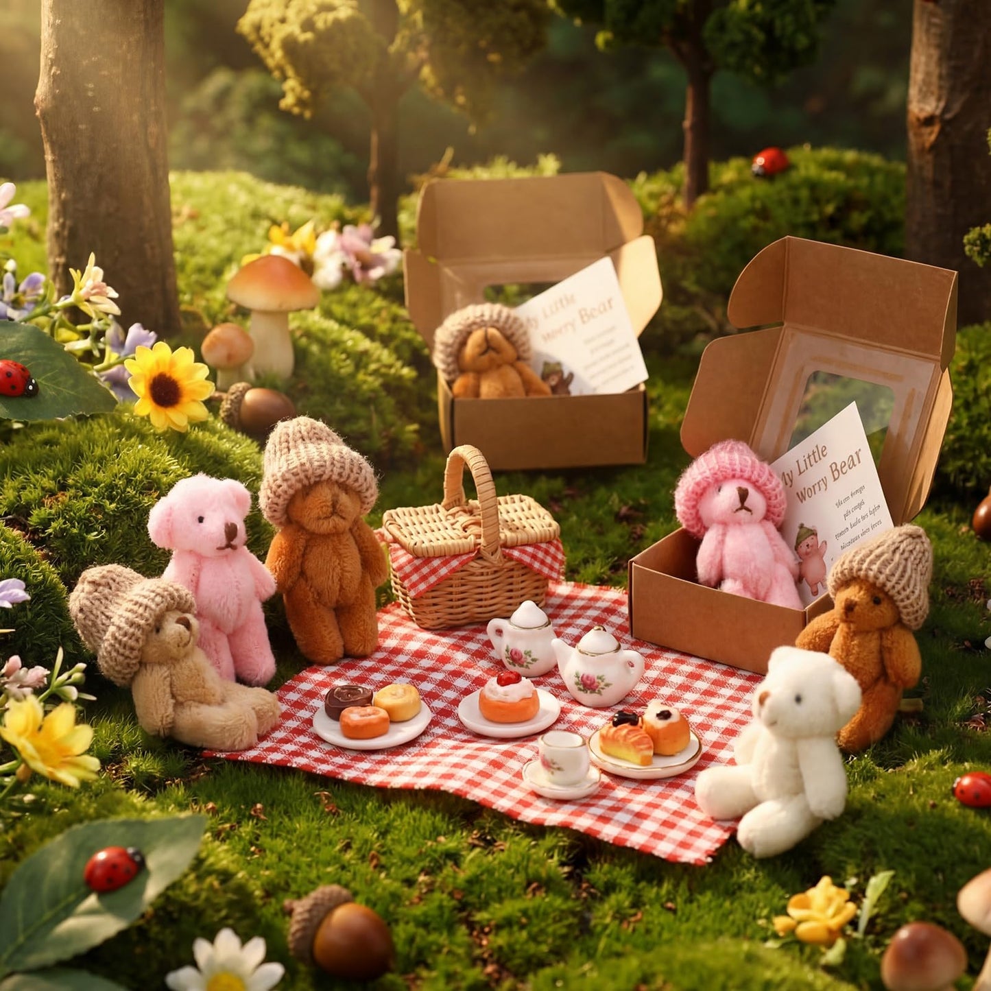 24 Sets Mini Worry Bear Plush in Box Little Worry Bears Bulk with a Hat Handmade Soft Pocket Teddy Bears with Encouragement Card Stress Relief Toys Party Gift for Backpack, Friend, Coworkers