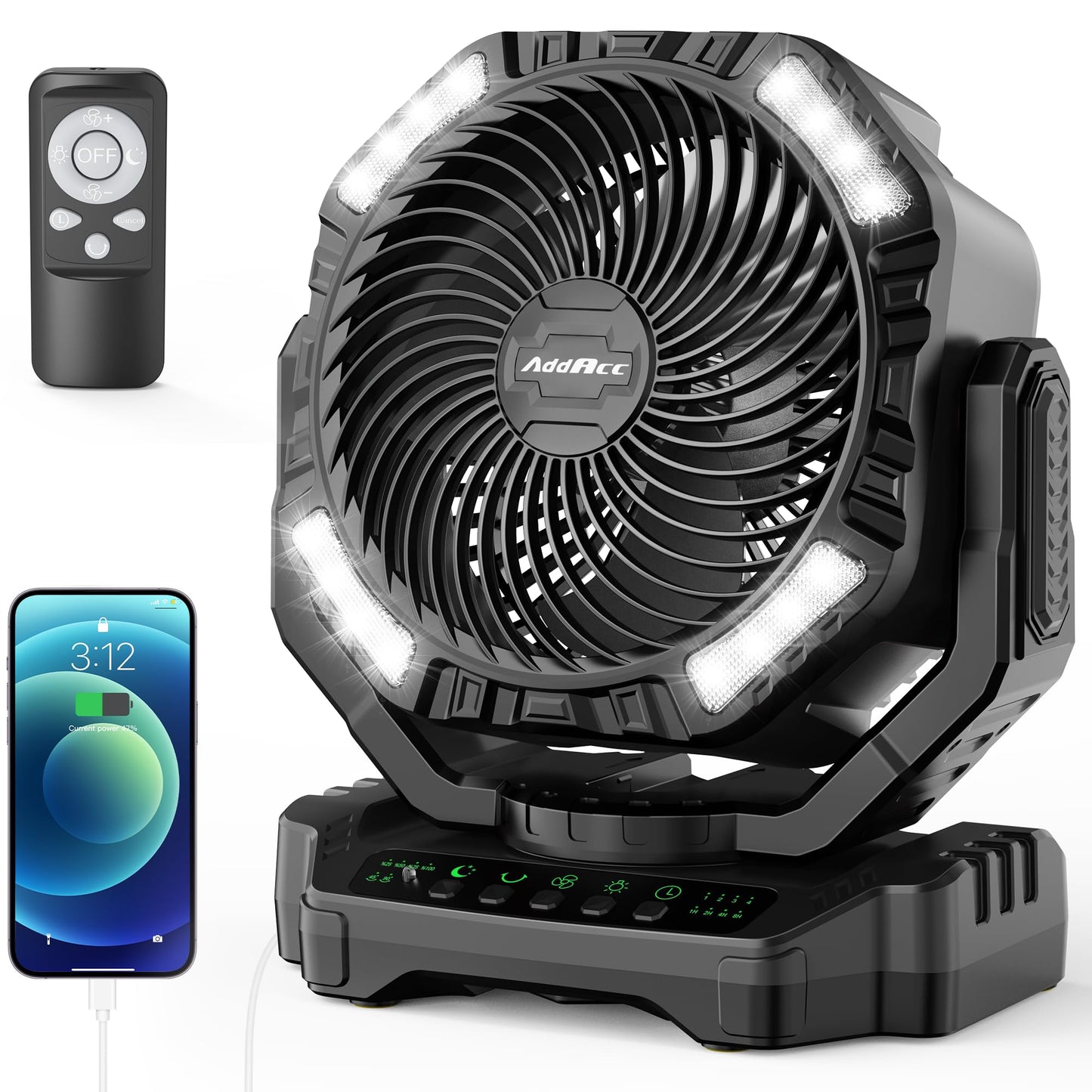 40000mAh Battery Powered Camping Fan, 136Hrs Cooling, Rechargeable Fan High Velocity, Auto 45°/90° Oscillation, Remote & Timer Battery Operated Fan for Car Travel RV Garage Patio Hurricane Emergency