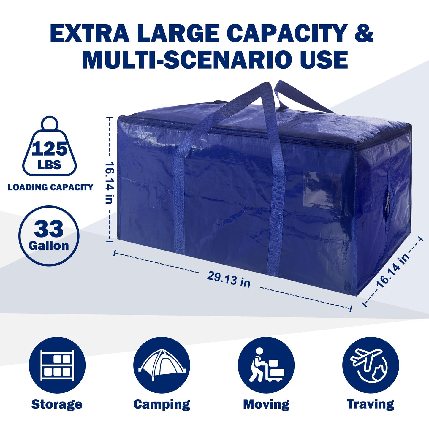 16 Pack Extra Heavy Duty Large Moving Bags with Strong Zipper & Carrying Handles, Sturdy Clothes Storage Bag Totes Bins, Packing Bags Moving Boxes College Moving Supplies, Dark Blue - 33 gal