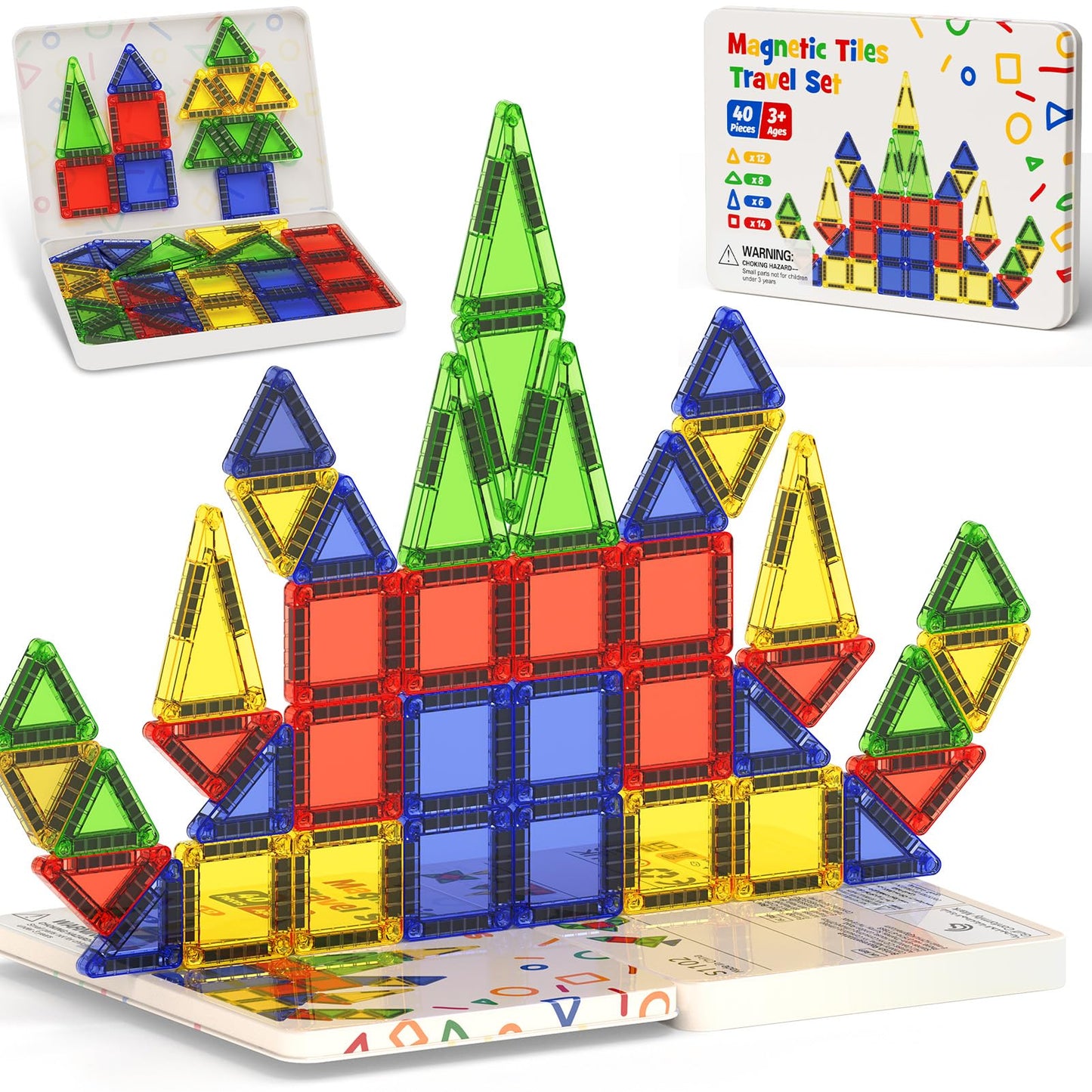 Portable Magnetic Tiles for Kids Travel - 40pcs STEM Building Blocks with Visual Storage Guide & Metal Box Play Base, Toddler Airplane Activities Toys for Ages 3-5,4-8, Compact Travel Toys
