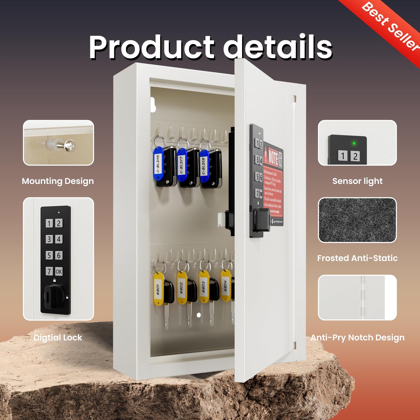 Grimtron 40 Keys Lock Box for Keys with Code, Electronic Key Box Wall Mount Cabinet, Private/Public Mode, Beige, Fatherโs Day Gift for Men