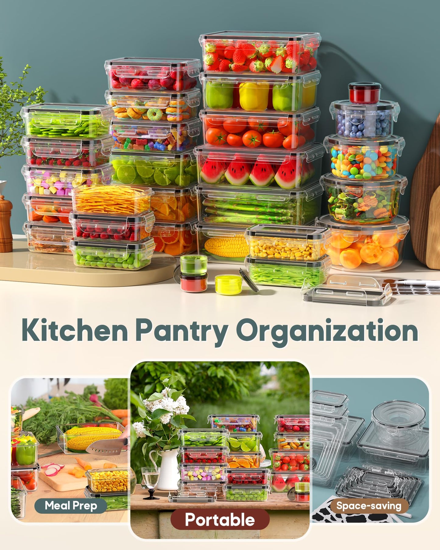 60 PCS Food Storage Containers with Lids Airtight, (30 Lids & 30 Containers) Leak proof Containers Set for Kitchen, Meal Prep, BPA-Free, PVC-Free Plastic, Microwave/Dishwasher Safe, Extra Labels & Pen