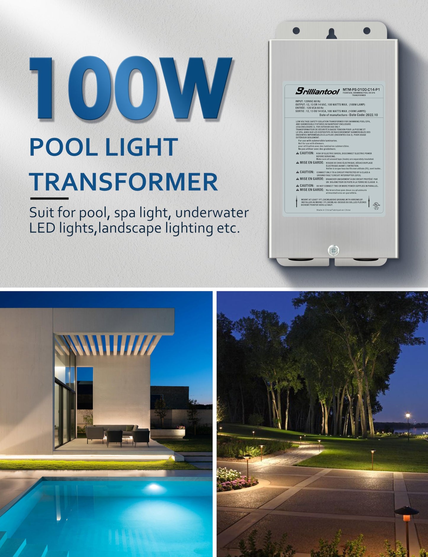 BRILLIANTOOL 100W Stainless Steel Casing Pool Light Transformer, Convert 120VAC to 12V/13V/14V AC Multi-tap, Weatherproof Transformer, Intended for Pool/Spa Lights and Landscape Lighting (100, Watts)