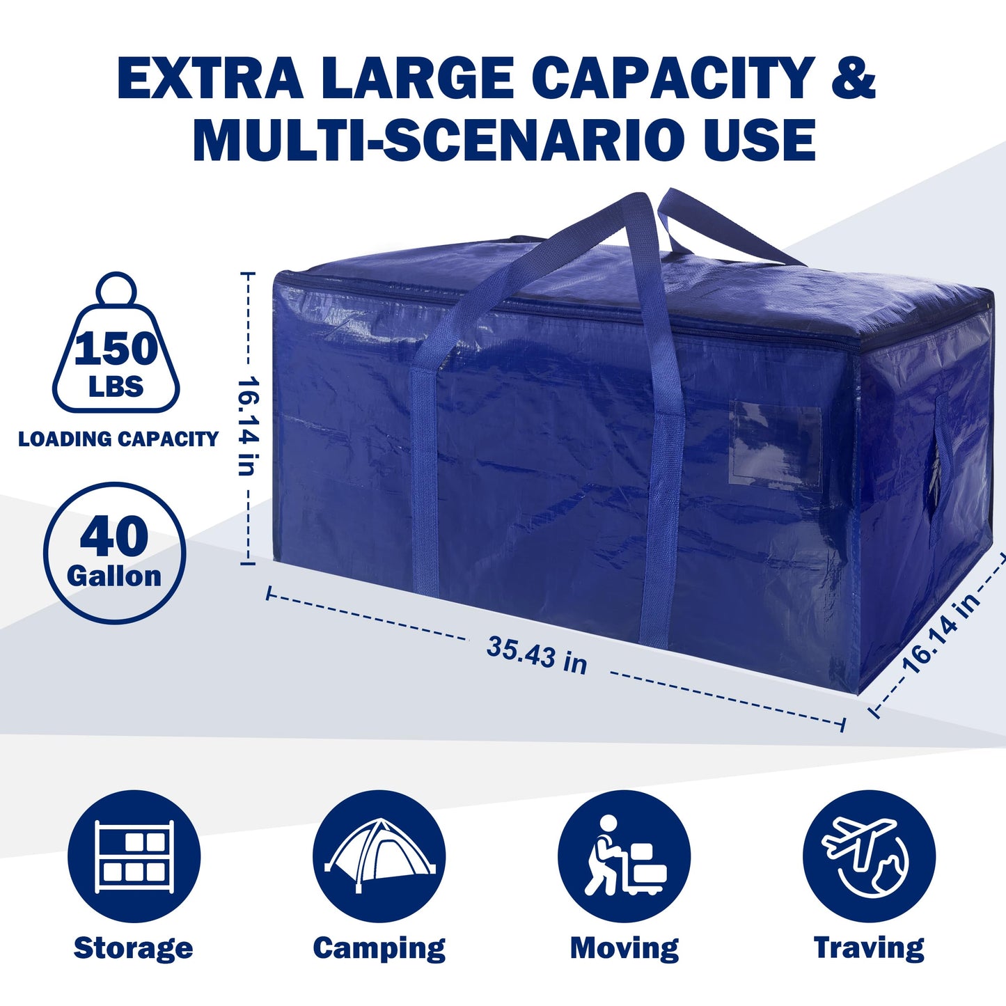 8 Pack Extra Heavy Duty Large Moving Bags with Strong Zipper & Carrying Handles, Sturdy Clothes Storage Bag Totes Bins, Packing Bags Moving Boxes College Moving Supplies, Dark Blue - 40 gal