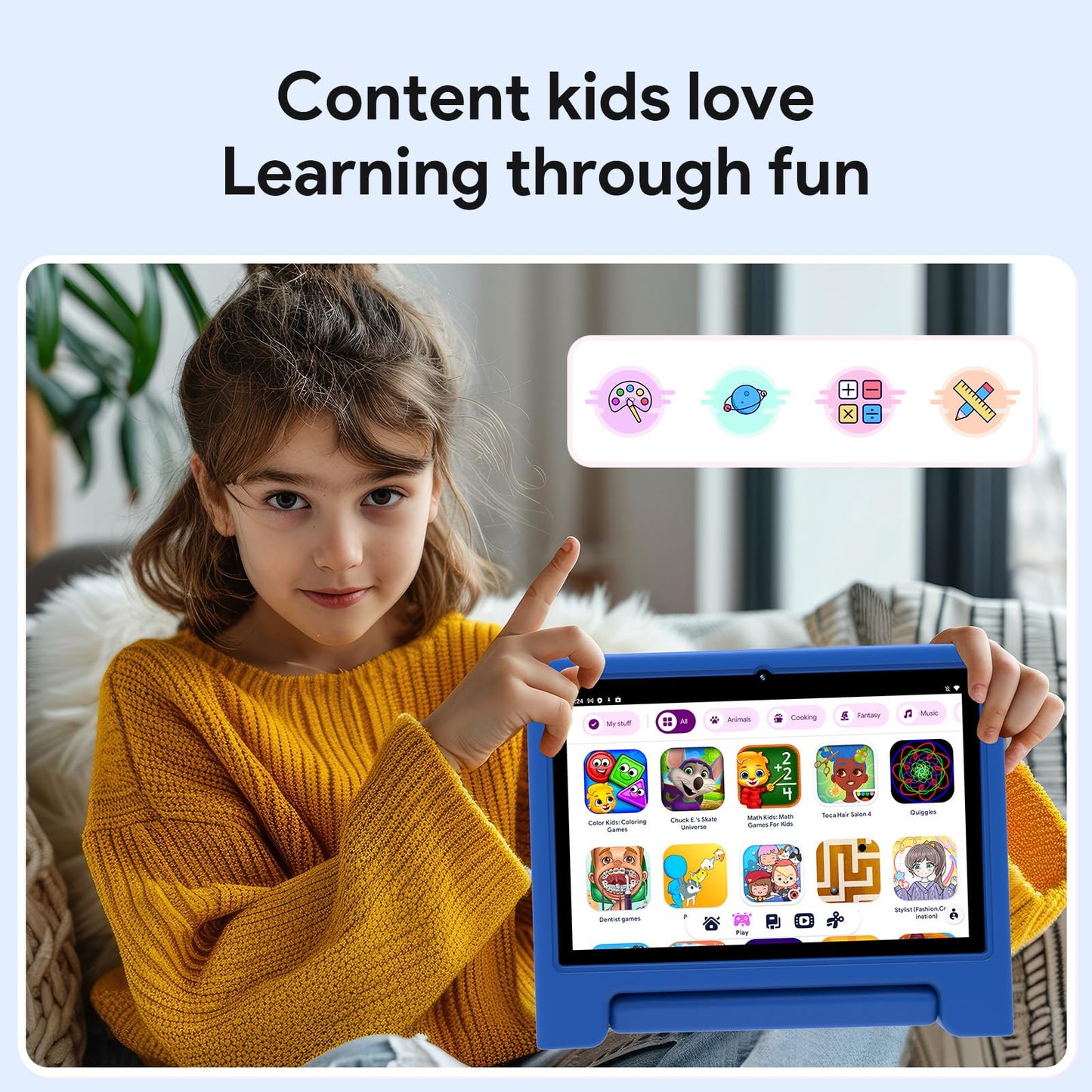 ApoloSignage Kids Tablet, 10.1-inch Android 13 Tablet for Kids, Expandable Storage, Long Battery Life, WiFi, Bluetooth, Drop-Proof Case, HD Display, for Toddlers and Children-Blue