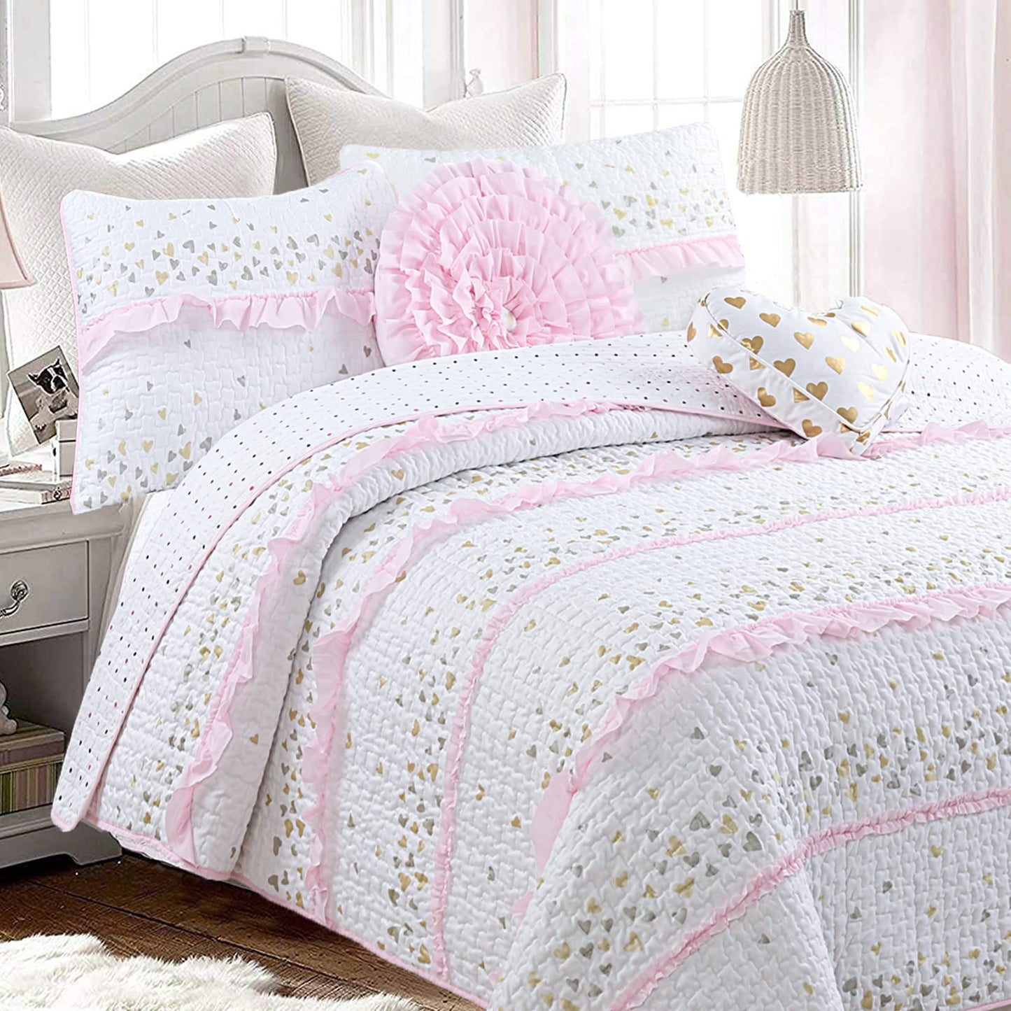 Cozy Line Home Fashions Pink Ruffle Metallic Printed Sweet Heart Polka Dot Girl Cotton Reversible Quilt Bedding Set, Coverlet, Bedspreads (Sparkling Hearts, Twin - 2 Piece)
