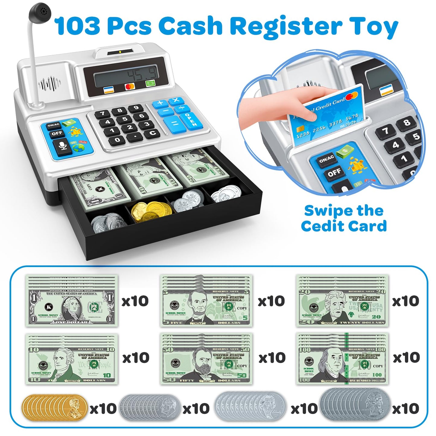 Calculator Cash Register Toy Gift for Kids Age 3, 4, 5, 6, 7, 8+ Year Old, 103 Pcs Pretend Grocery Store Playset with Toy Cash, Microphone, Credit Card, Play Cash Register for Toddlers 4-8, Silvery