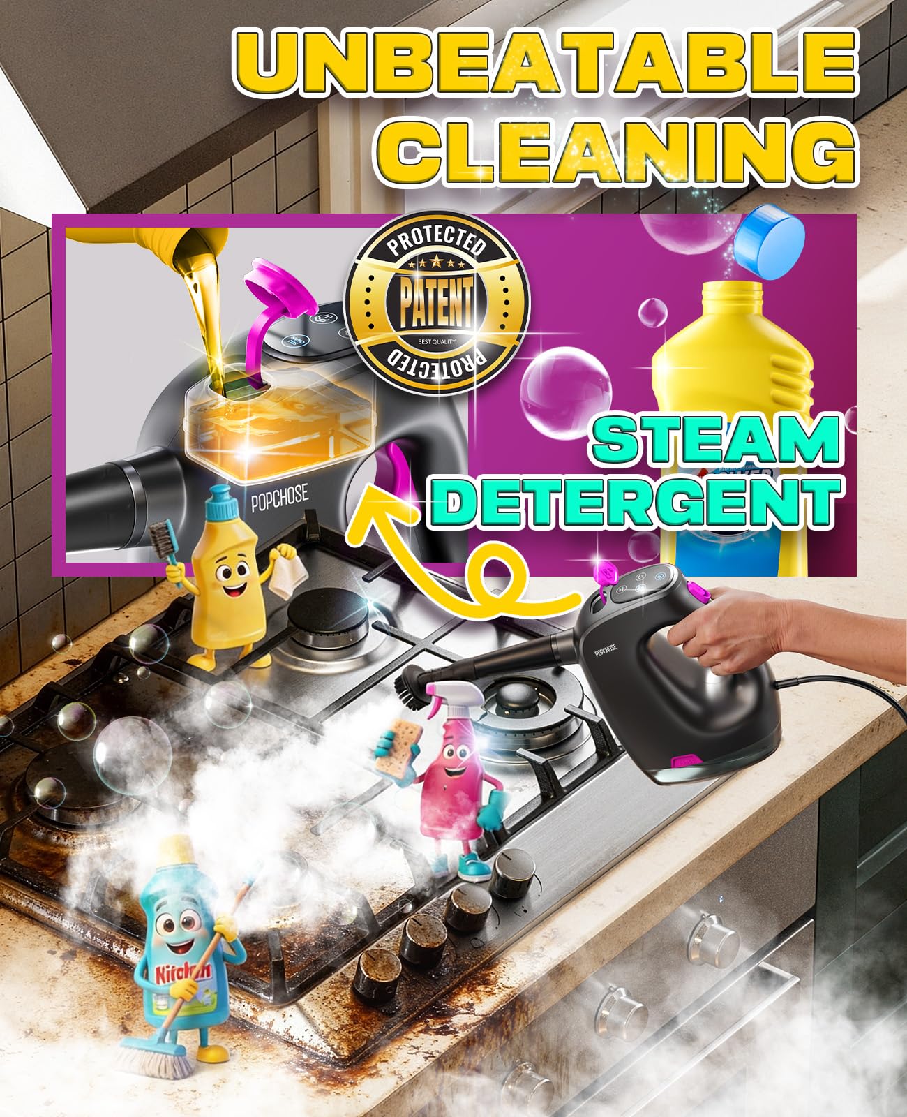 POPCHOSE Steam Cleaner with Detergent Dispenser,15s Heat-Up Handheld Steam Cleaner for Home, 500ml Removable Water Tank, Lightweight Portable Steamer for Cleaning Grout, Windows, Kitchen, Easy Refill