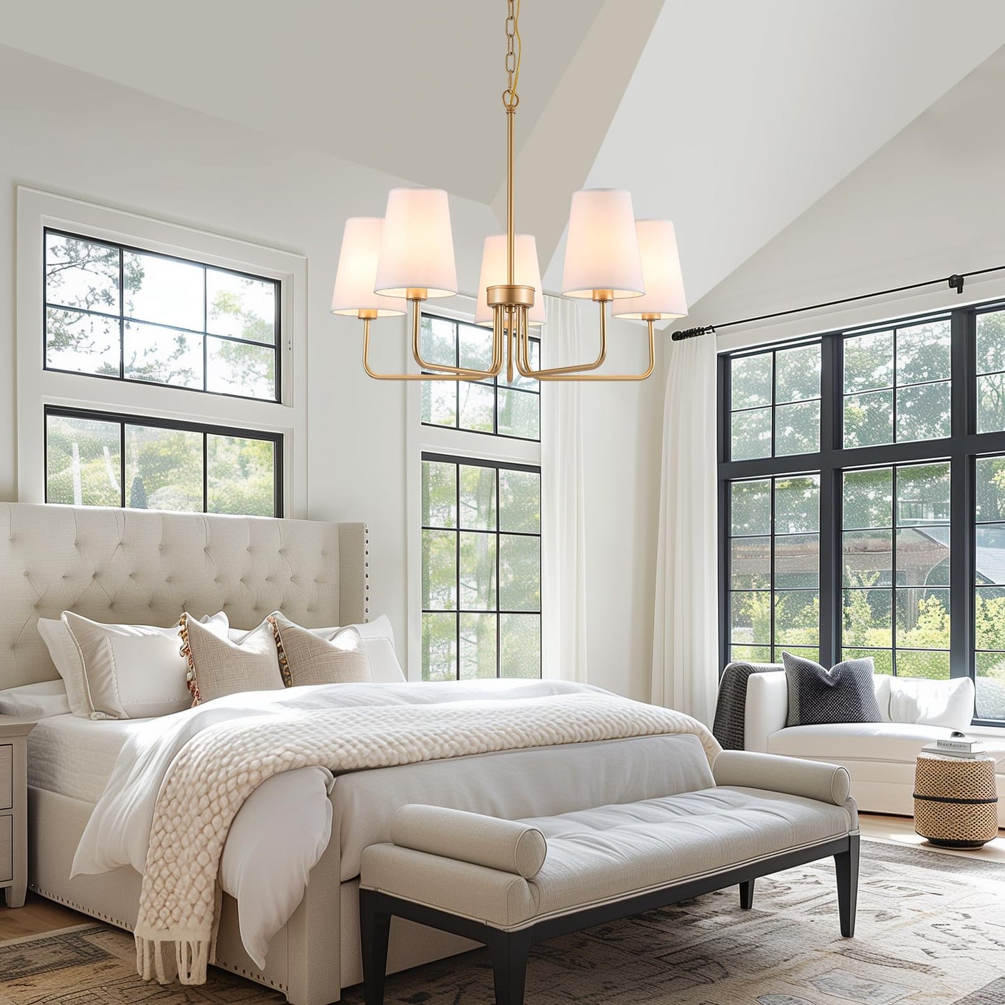 AMZASA Farmhouse Chandelier, 5-Lights Visual Comfort Gold Light, Muted Gold with White Fabric Shade, Linear Island Lighting Fixture for Kitchen, Dining Room