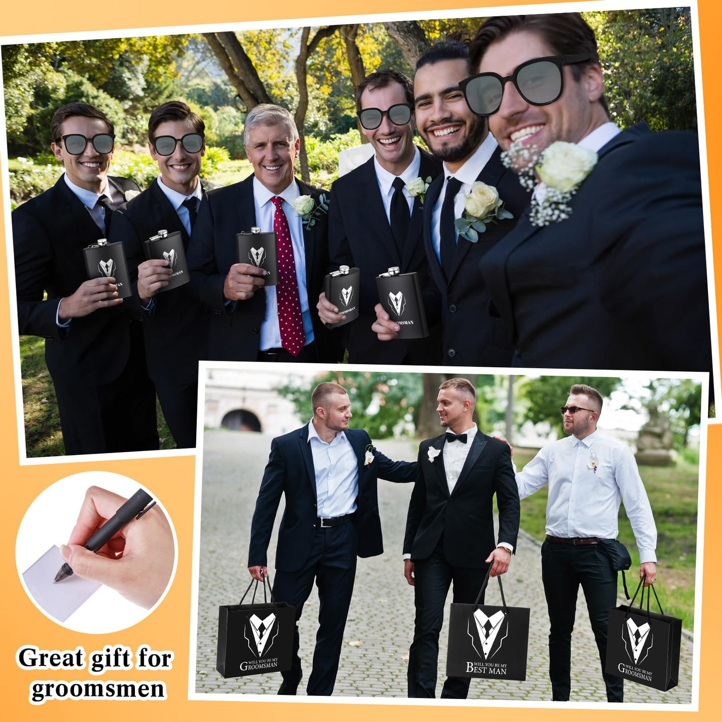 Layhit 60 PCS Groomsmen Gifts Set of 6, Groomsmen Proposal Gift Set, 6 Flask and 12 Stainless Steel Shot Glass 6 Wood Bottle Opener 6 Pen 6 Sunglasses with 6 Card 6 Box 6 Bag for Wedding Party