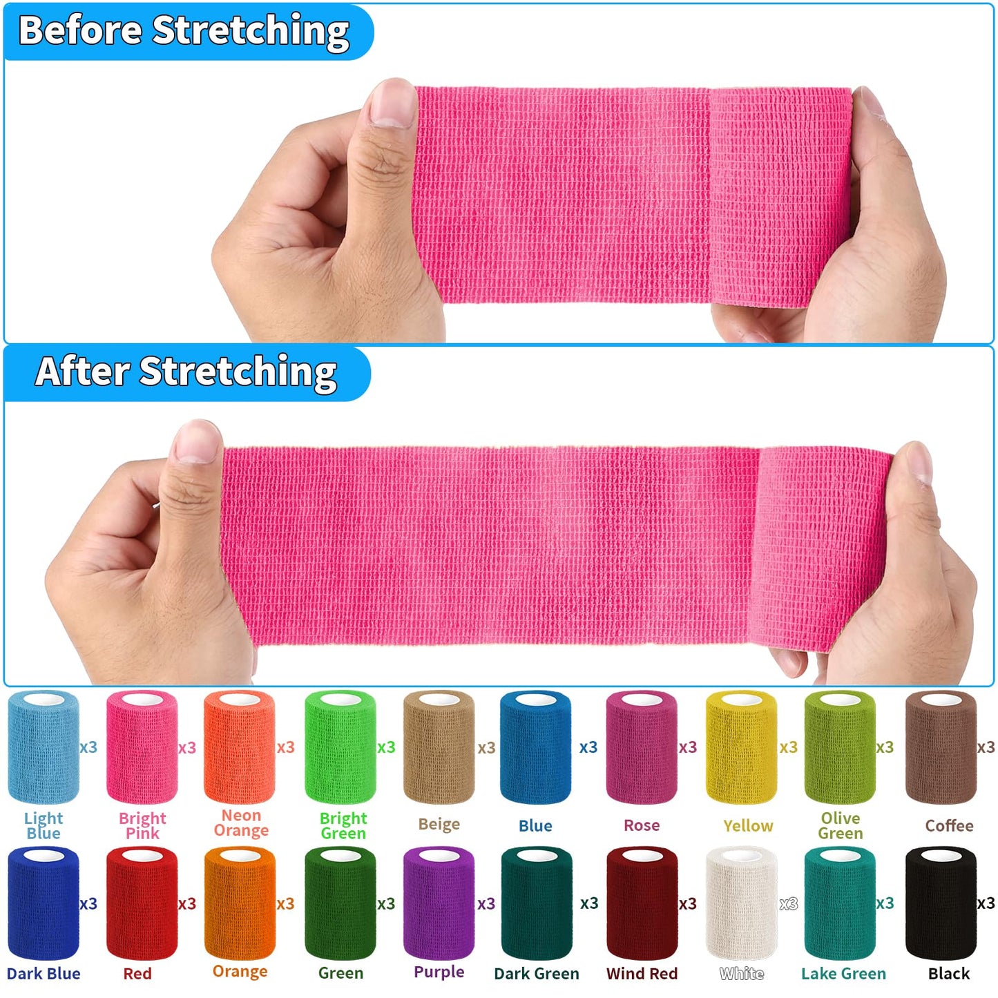 60 Pack Colorful Self Adhesive Bandage Wrap Bulk 3 Inch x 5 Yards Cohesive Bandage,Vet Wrap Breathable Elastic Self-Adherent Tape for Stretch Athletic Sports Wrist Ankle Dogs Pet Vet Wrap