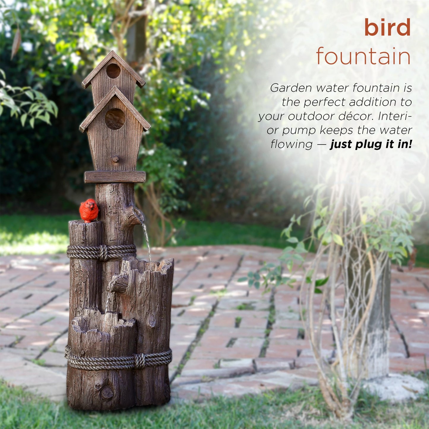 Alpine Corporation WCT1002 35" Tall Outdoor 3-Tier Birdhouse Water Fountain with Cardinal Accent, Rustic Floor Decor for Garden and Patio, Brown