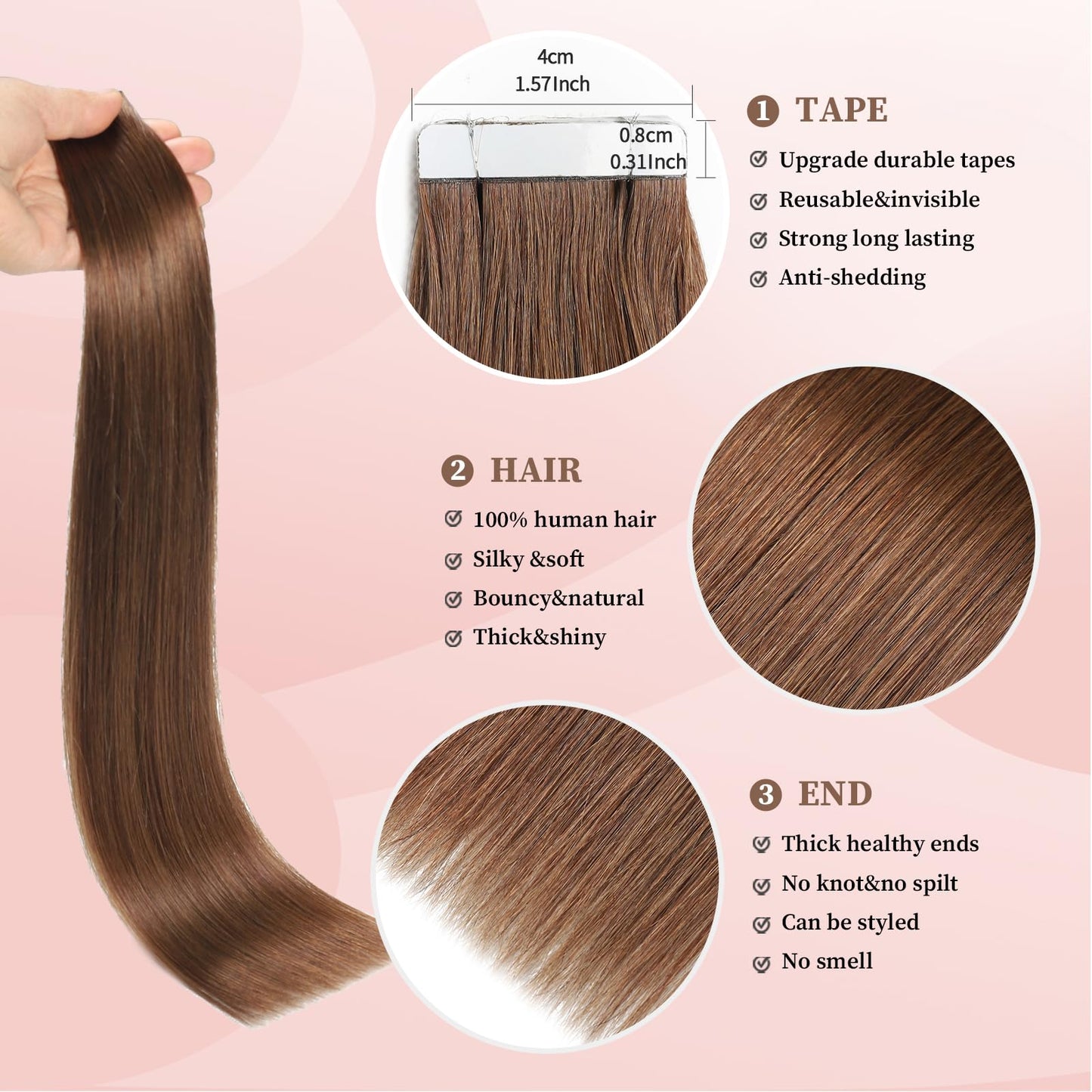 DNE Tape in Hair Extensions Real Human Hair 18 inches 20Pcs/50g/Pack Seamless #4 Medium Brown Dark Color Straight Invisible Double Sided Tape in Hair Extensions for Women/Girls Can Be Curled and Dyed