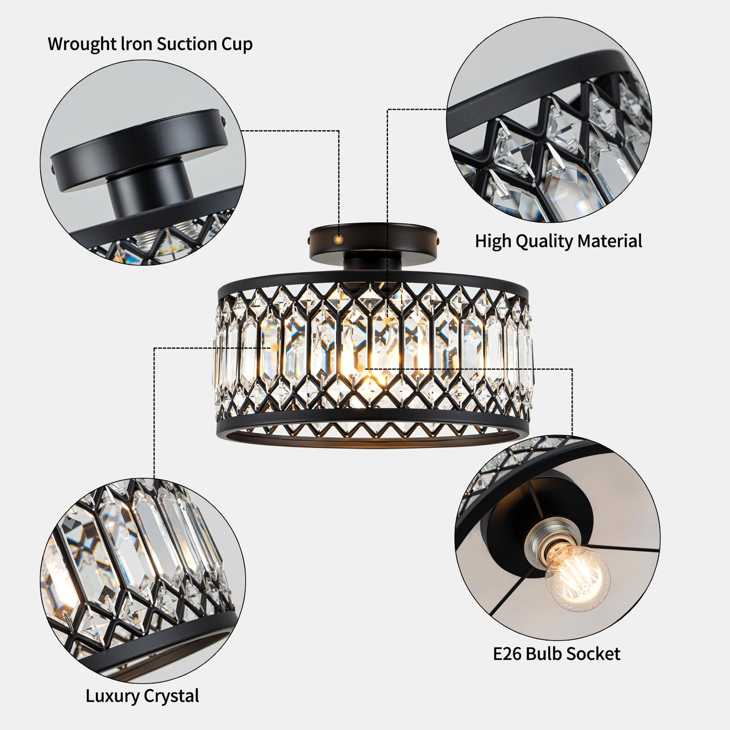 Rpzloila Crystal Ceiling Light Fixture, Modern Flush Mount Ceiling Light, Black Crystal Chandelier for Kitchen Bedroom Bathroom Entryway Hallway