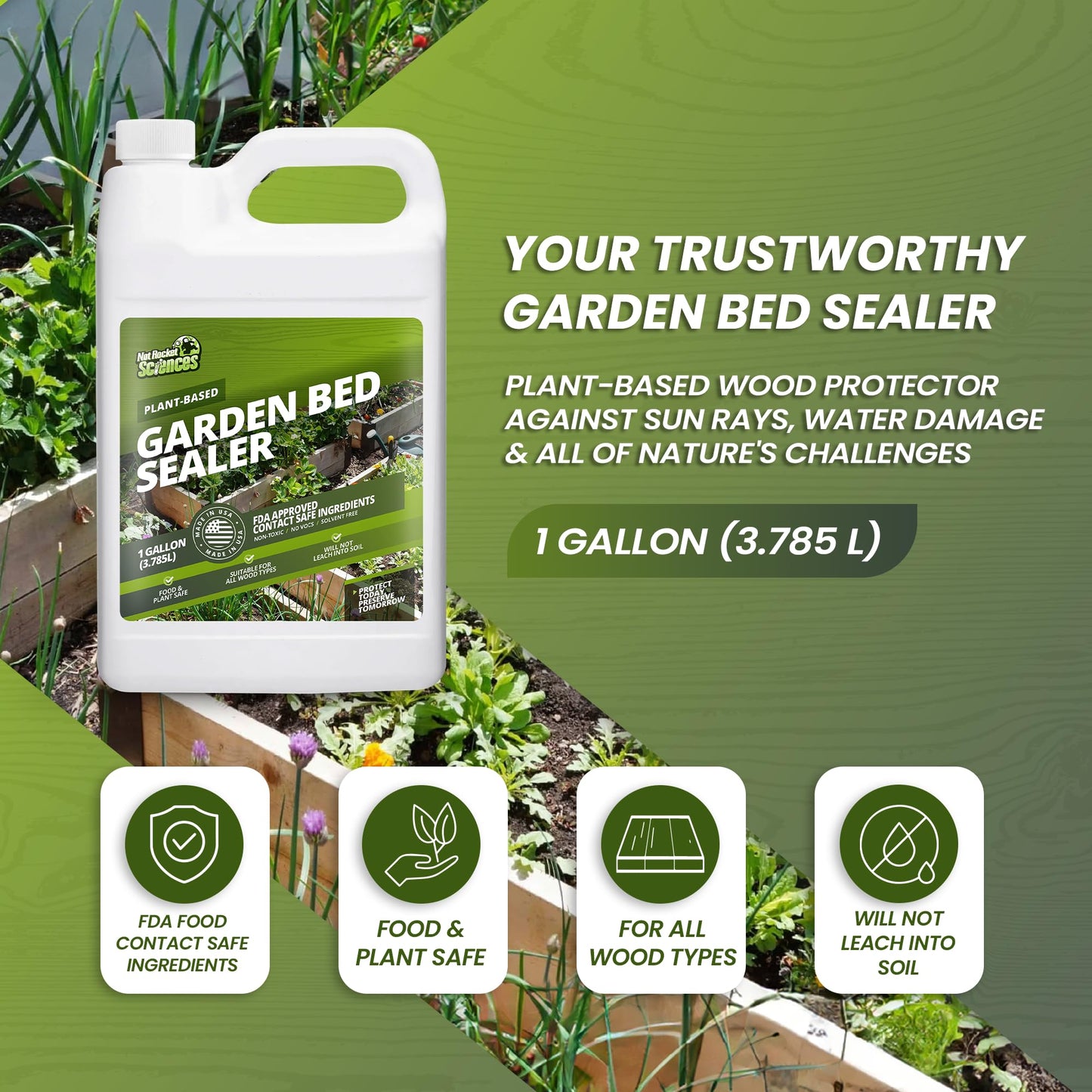 1 Gallon oz Garden Box Sealer - Covers 37.5 to 187.5 sq ft., Ideal Garden Bed Sealer - Wood Waterproofing, Food Safe Sealant - Wood Sealant That Protects Against Sun, Water & Weather Damages