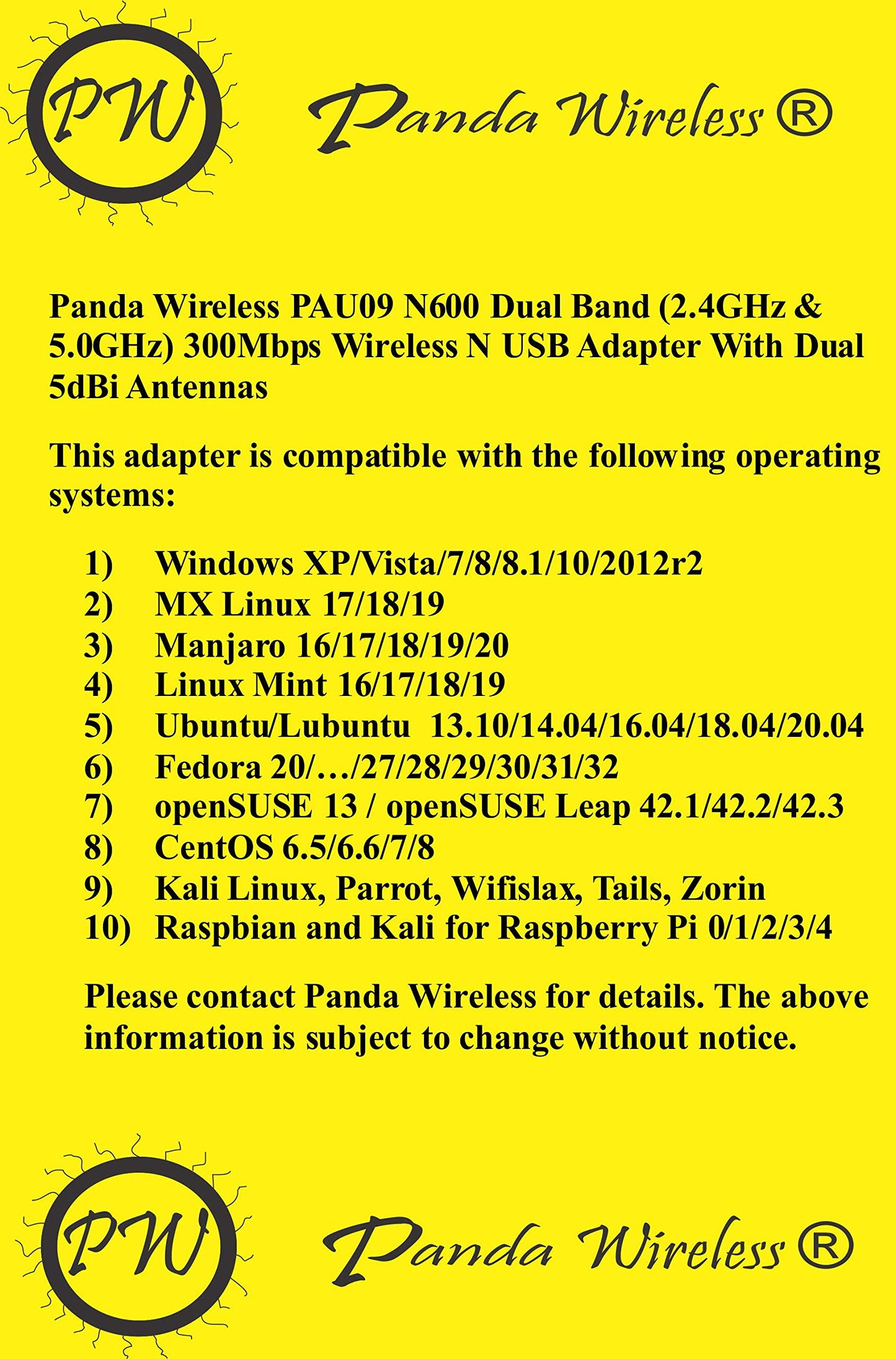 Panda Wireless® PAU09 N600 Dual Band (2.4GHz and 5GHz) Wireless N USB Adapter W/Dual 5dBi Antennas - Windows 7/8/10/11, Zorin, Mint, Ubuntu, openSUSE, Fedora, Centos, Kali and Raspbian