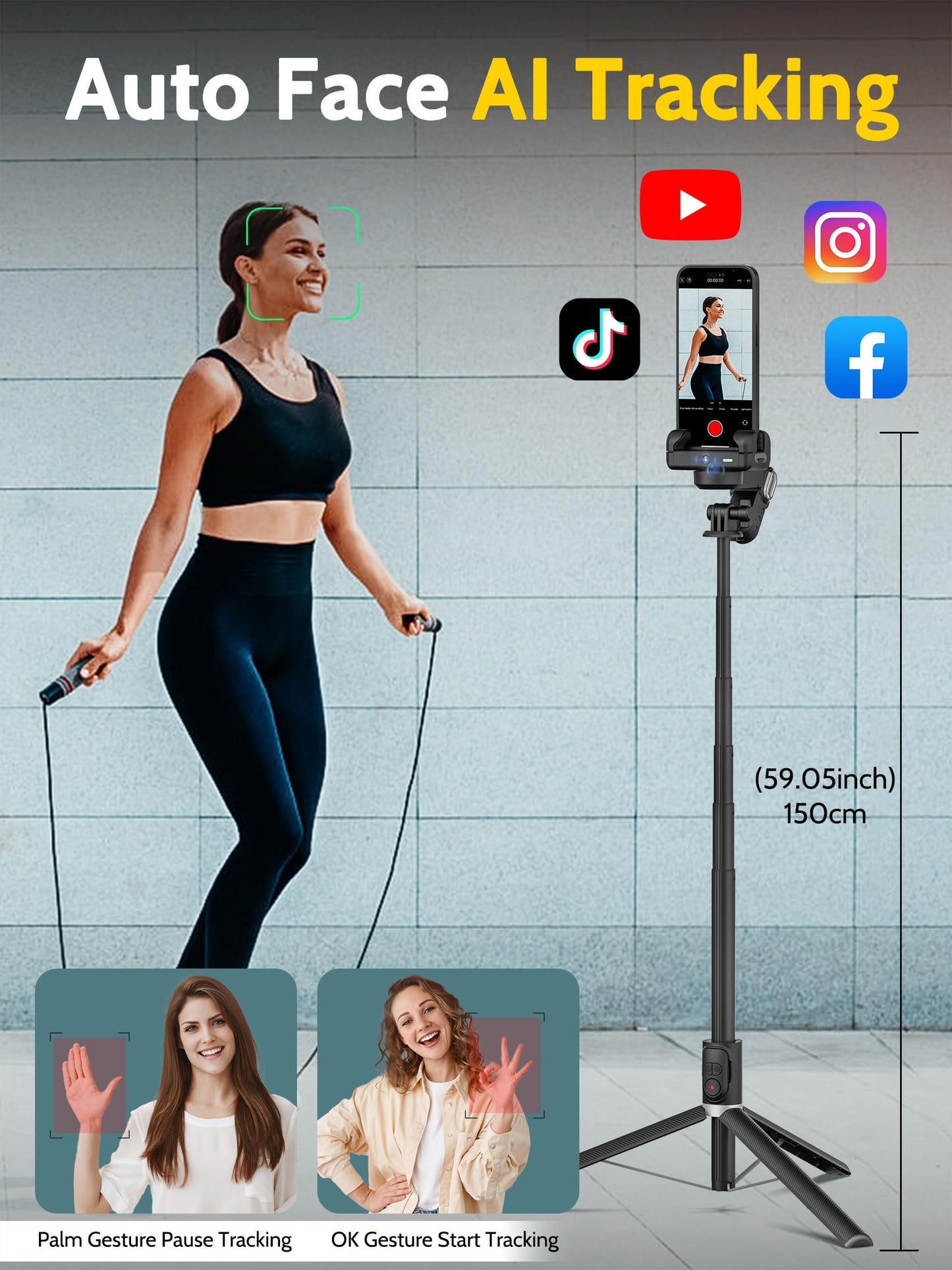 AOCHUAN Auto Face Tracking Tripod 360 Rotation for iPhone Android,Phone Stand Follow You for Video Recording,Selfie Stick Tripod with RGB Light,Remote Control for YouTube,TikTok Vlogging(M2Pro Black)