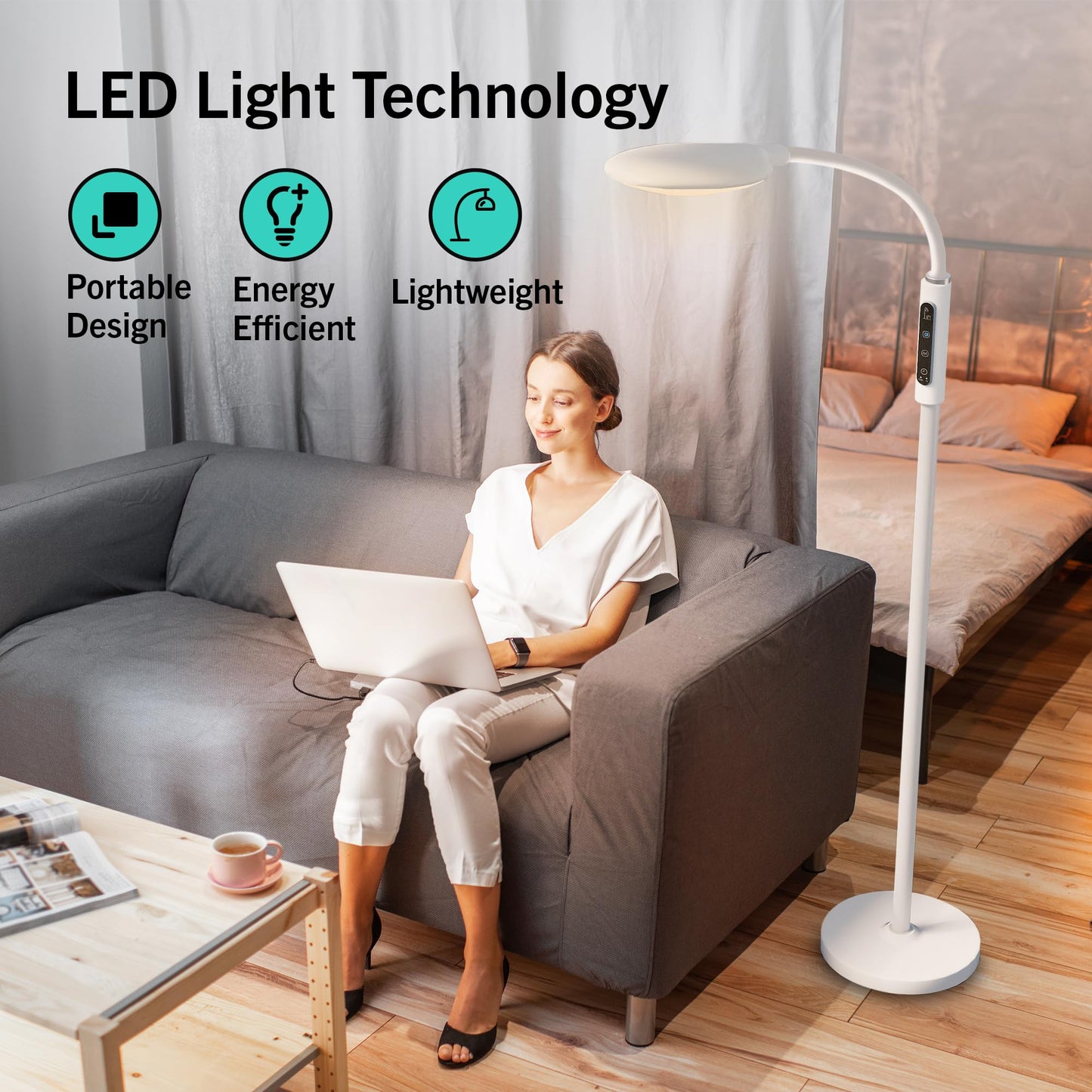 PRIMETEK Happy Light 10000 Lux Mood Lamp, Dual Control Remote,Touch Screen Sad Lamp, Adjustable LED Floor Lamp, UV-Free Sun Light, 5 Color Temperatures 10 Brightness Levels Happy Lights