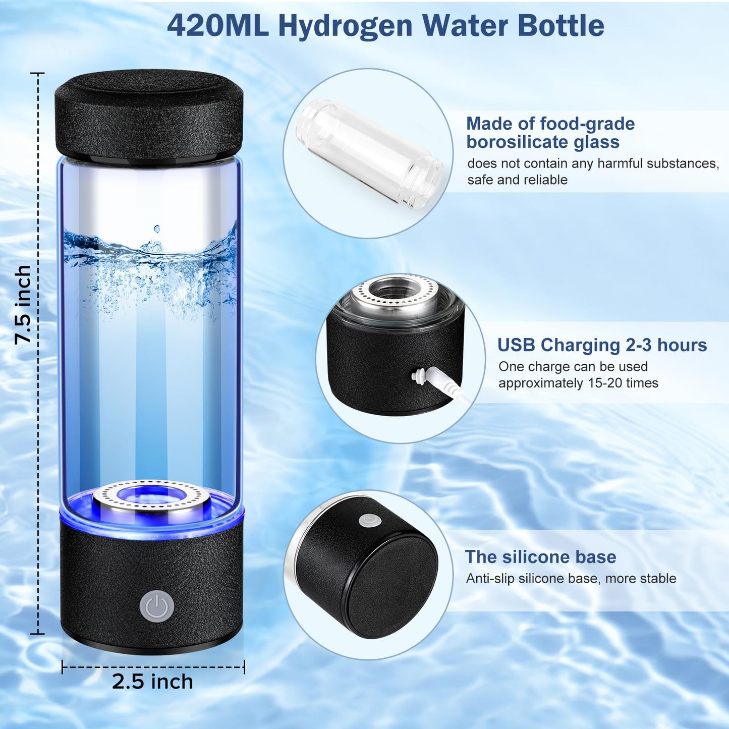 2025 New Hydrogen Water Generator Bottles, Portable Hydrogenated Water Bottle with SPE PEM Technology, 420ml Hydrogen Water Bottle Generator, Rechargeable Ionizer Machine for Home, Office, and Travel