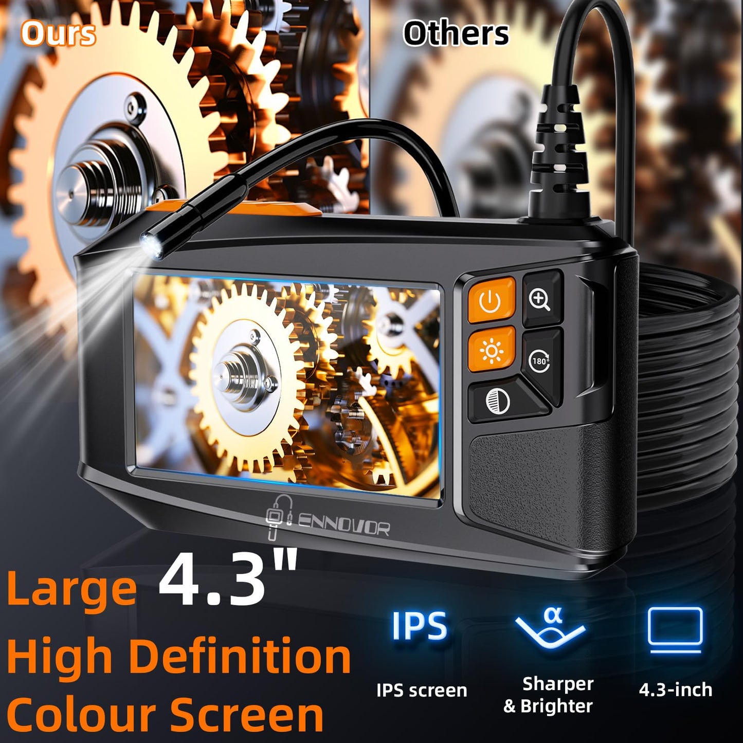Endoscope Camera with Light, 4.3" HD 1920P Borescope Snake Inspection Camera, IP67 Waterproof 8 Adjustable LEDs 32.8ft Semi-Rigid Tool Kit for Automotive Plumbing DIY Cool Gadgets