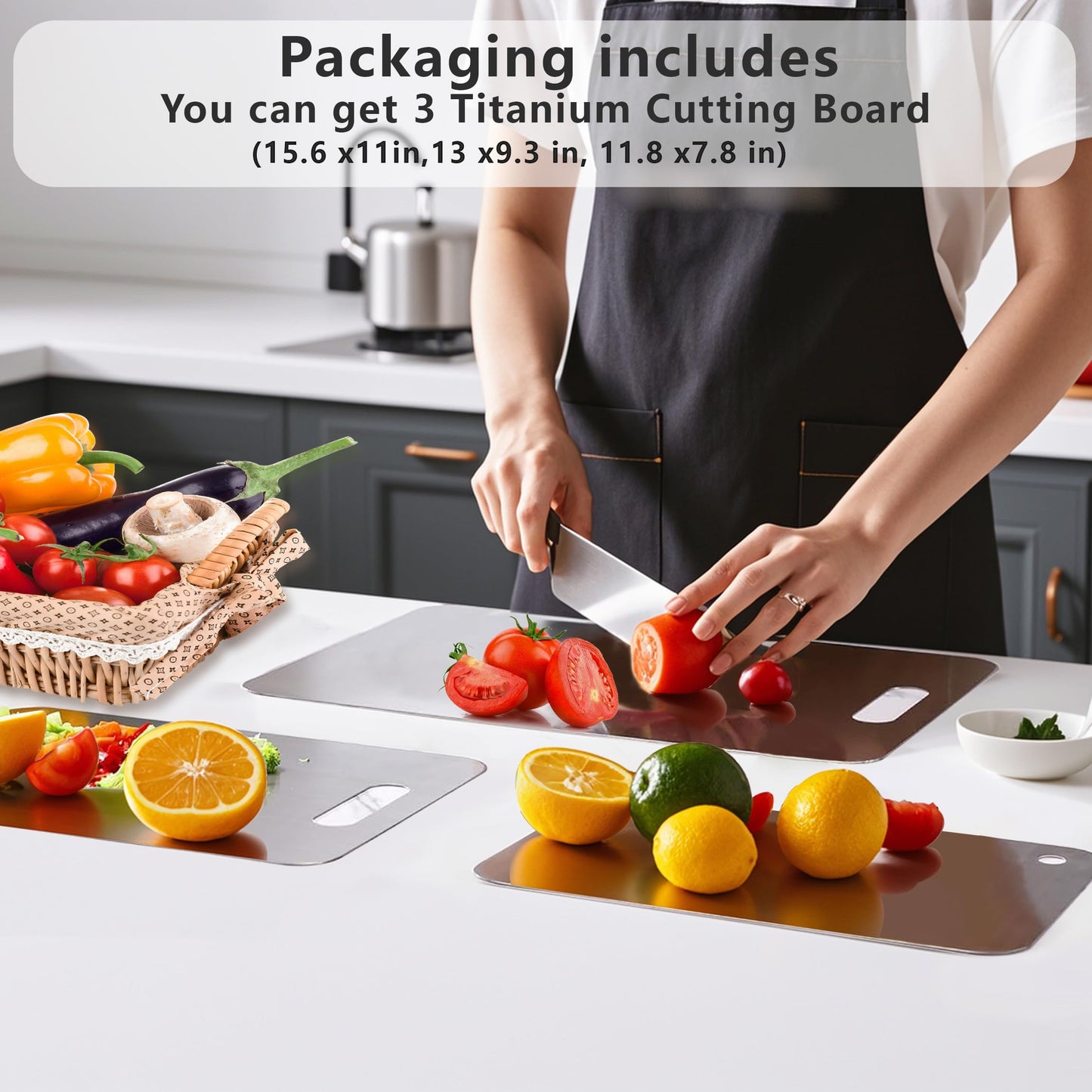 UFJEG Titanium Cutting Board, 3 PCS Titanium Cutting Boards for Kitchen, Non Toxic, Double-Sided Food Grade Chopping Board for Outdoor Camping(15.6" x 11", 13" x 9.3", 11.8" x 7.8")