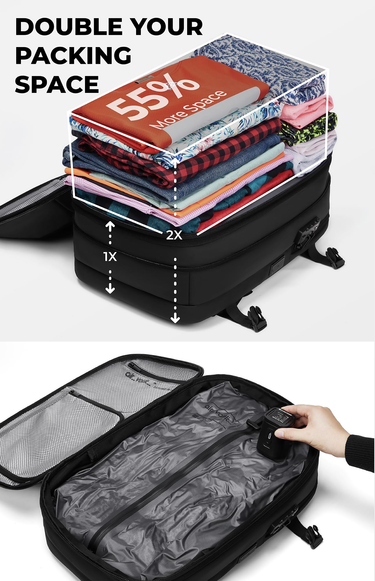 AirVault Vacuum Seal Travel Backpack 60L - Expandable Air Compression Vacuum System, Airback, Vacpack, Water-Resistant, Carry-On with TSA Lock Fits 19" Laptop, Backvac (Black)