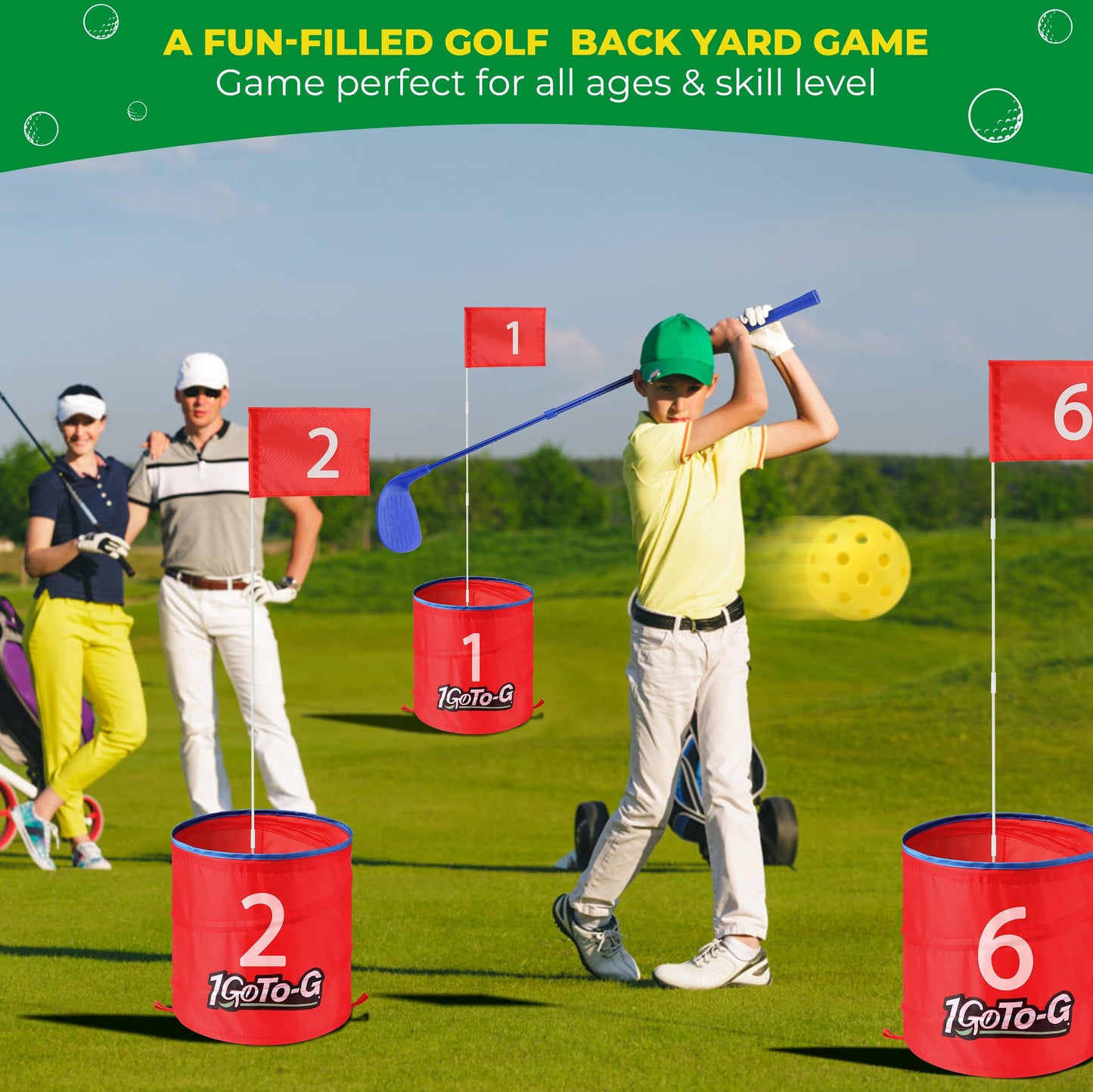 1GoTo-G Golf Bucket Game, Backyard Golf Game for Kids and Adults - Portable 9 Holes Golf Course Play Outdoor, Lawn, Park, Beach, Yard, Camping with Club.