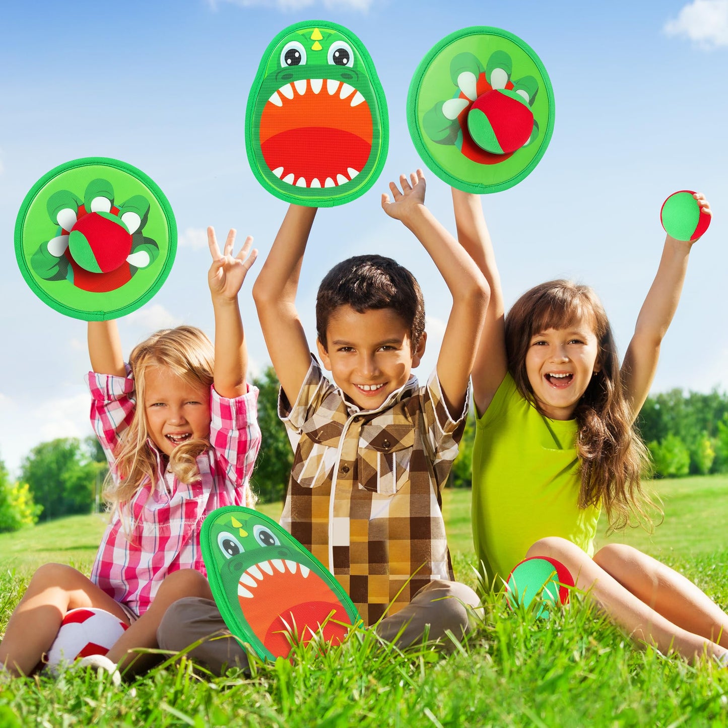 Billeeit Big Dinosaur Toss and Catch Ball Set, Catch Game Toys for Kids 3+ 4 5 6 7 8, Backyard Lawn Game Toys with 4 Rackets, 4 Balls, 1 Drawstring Bag for Christmas