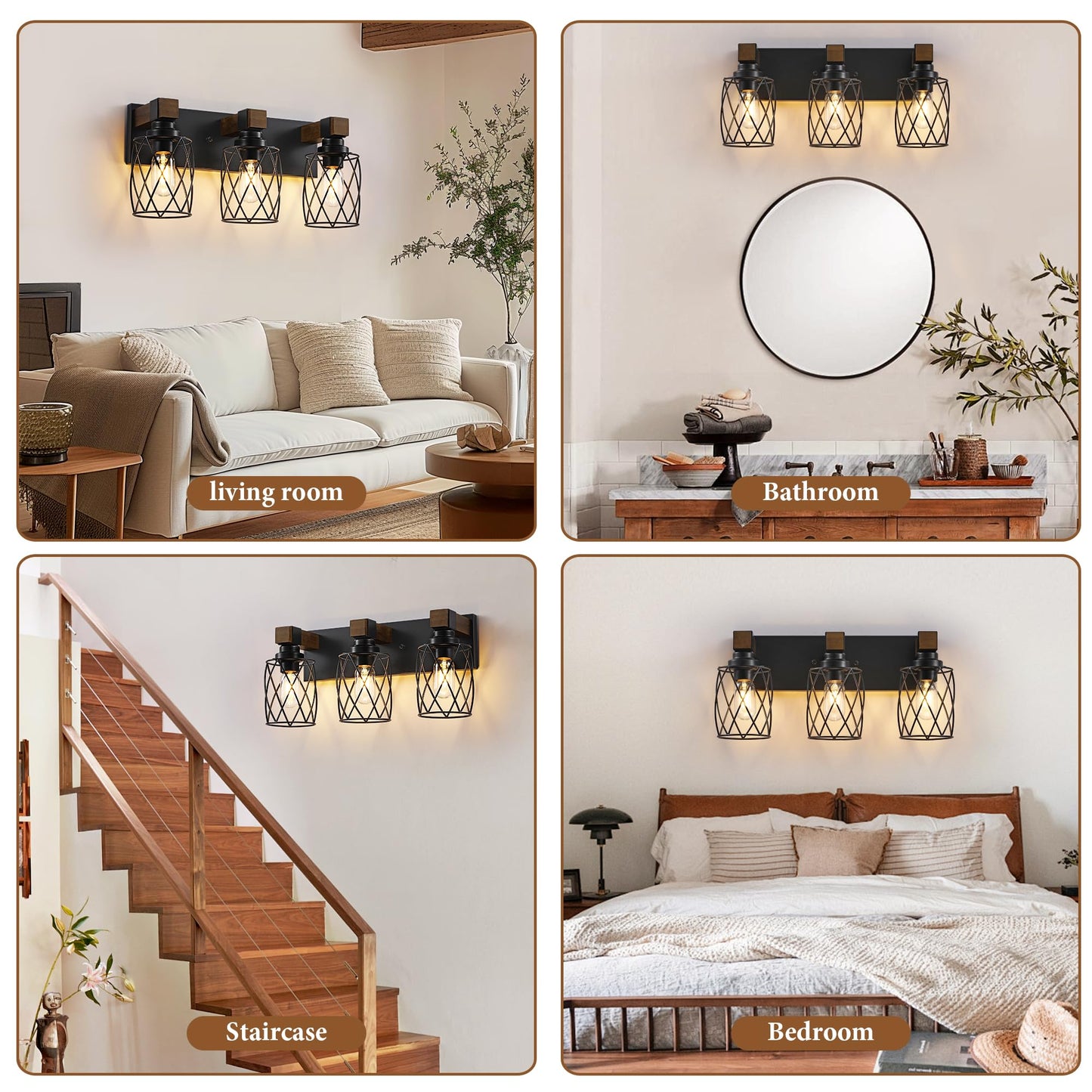 XvmBvm Farmhouse Bathroom Vanity Light, 3-Light Wood Bathroom Light Fixtures Over Mirror, Black Industrial Vanity Lights with Metal Shade, Rustic Bathrooms Lighting for Living Room, Bedroom, Hallway