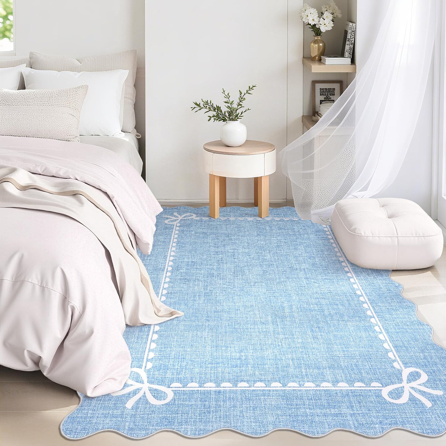GarveeHome Scalloped Bow Rug for Living Room, Solid Blue Rug for Dorm, Washable Rugs 5x7 Soft Low Pile Non Slip Scalloped Rugs for Nursery College Bedroom Decor Kids Room Playroom