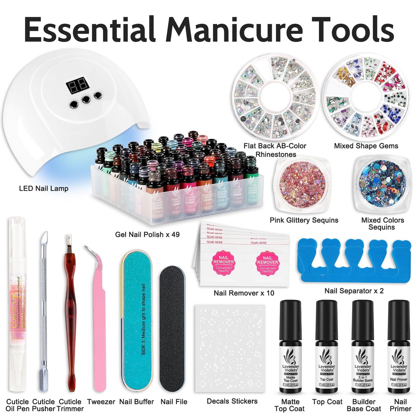Lavender Violets Gel Nail Polish Kit with U V Light, 45 Colors with Base and Matte & Glossy Top Coat Soak Off All Season Gel Nail Kit Manicure Tools Gifts for Women LA01