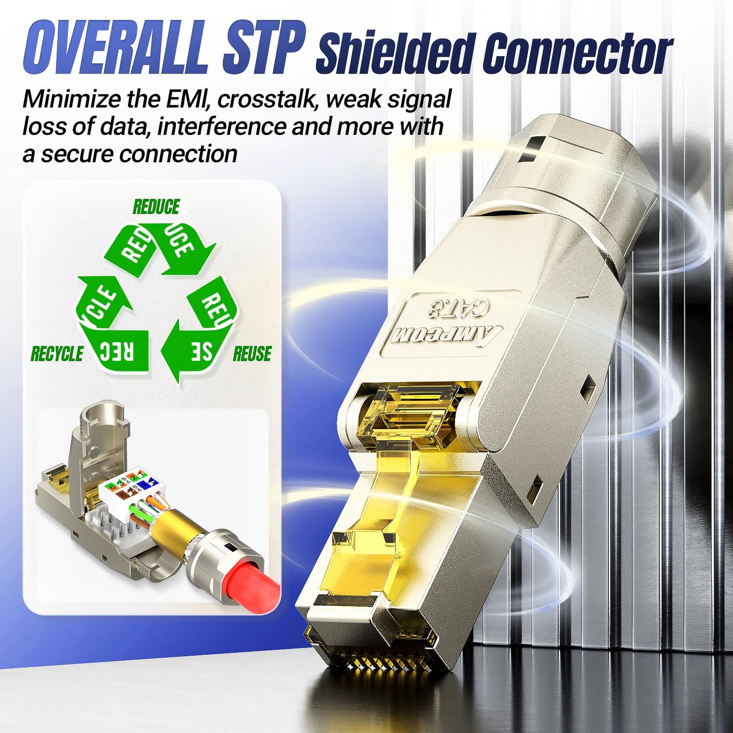 AMPCOM STP CAT8 RJ45 Connector Zinc-Alloy Tool-Free Ethernet Field Termination Modular Plug -12 pack